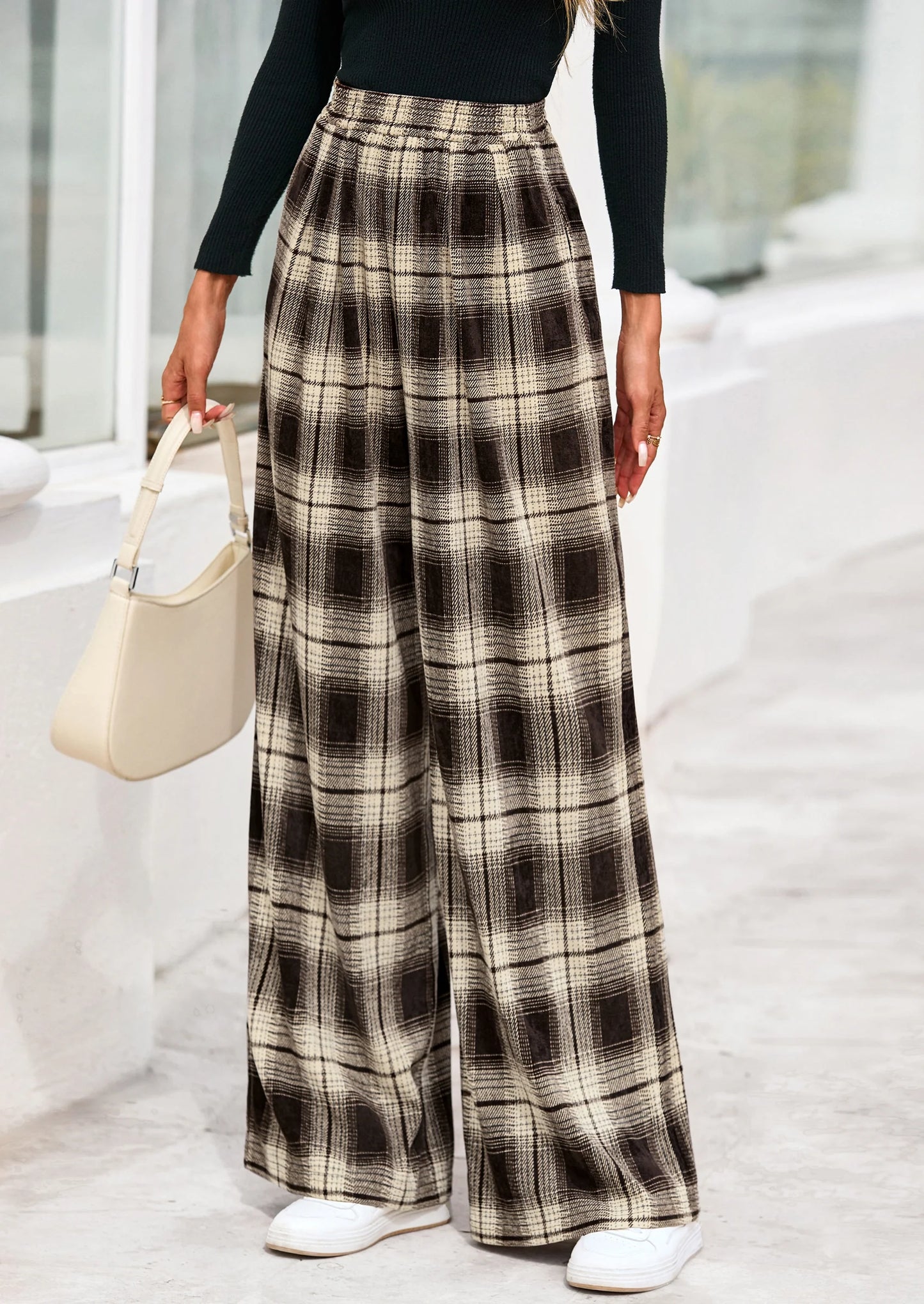 Casual Women's Pants Elastic Waist Palazzo Long Stretchy Wide Leg Trousers Knit Fall Outfits with Pockets
