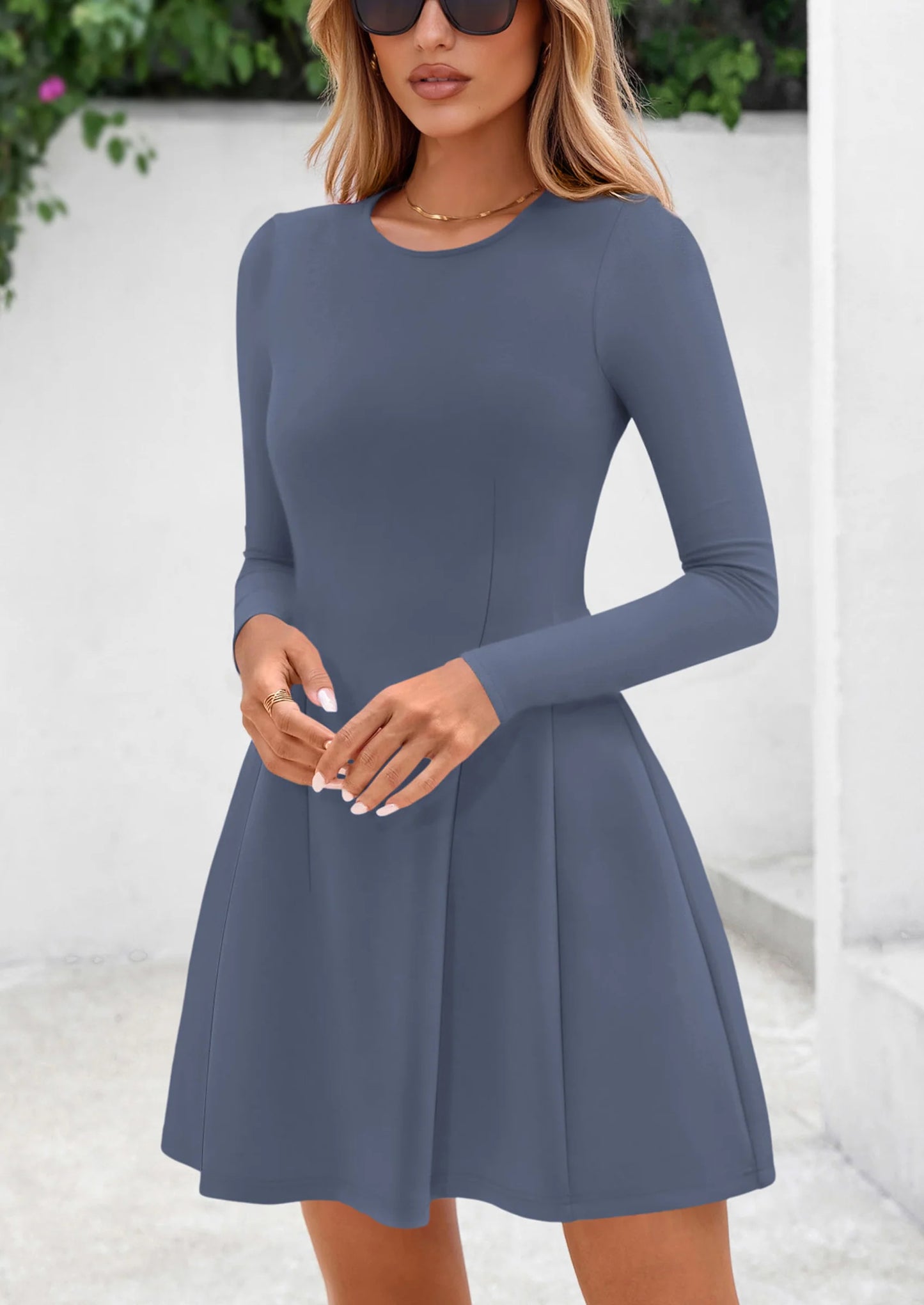 Long Sleeve Mini Dress for Women Fall Crewneck Knit Pleated Babydoll A Line Soft Casual Short Party Dresses