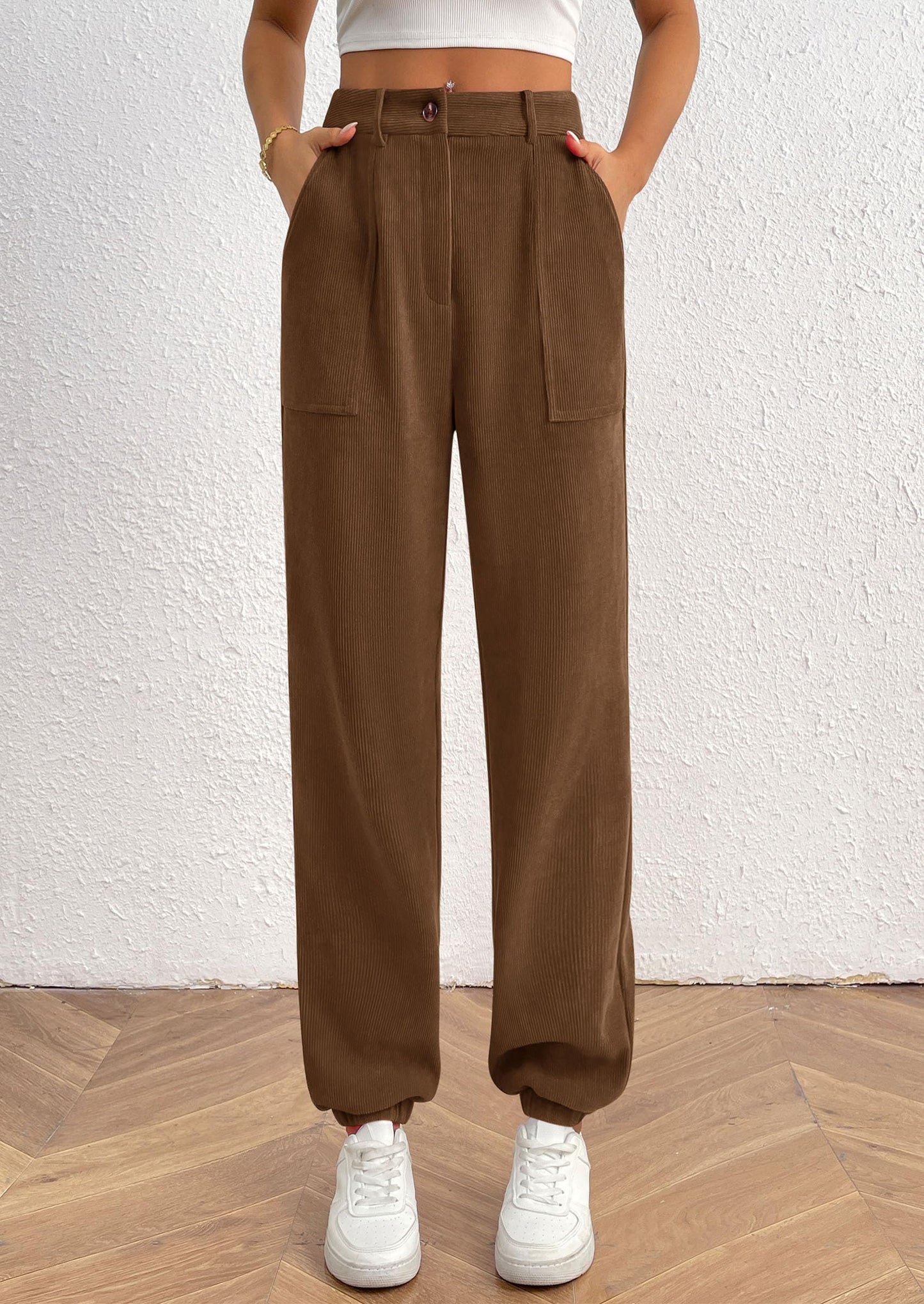 Women's Pants Dressy Casual Fall Elastic High Waisted Work Office Corduroy Trouser Slacks with Pockets