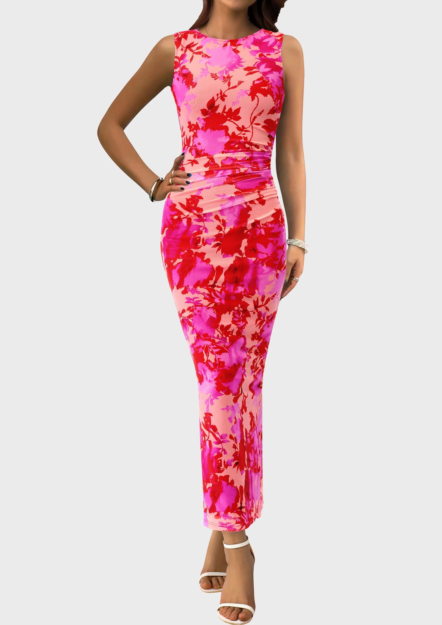Wedding Guest Dresses for Women Spring Floral Bodycon Sleeveless Mesh Maxi Long Dress