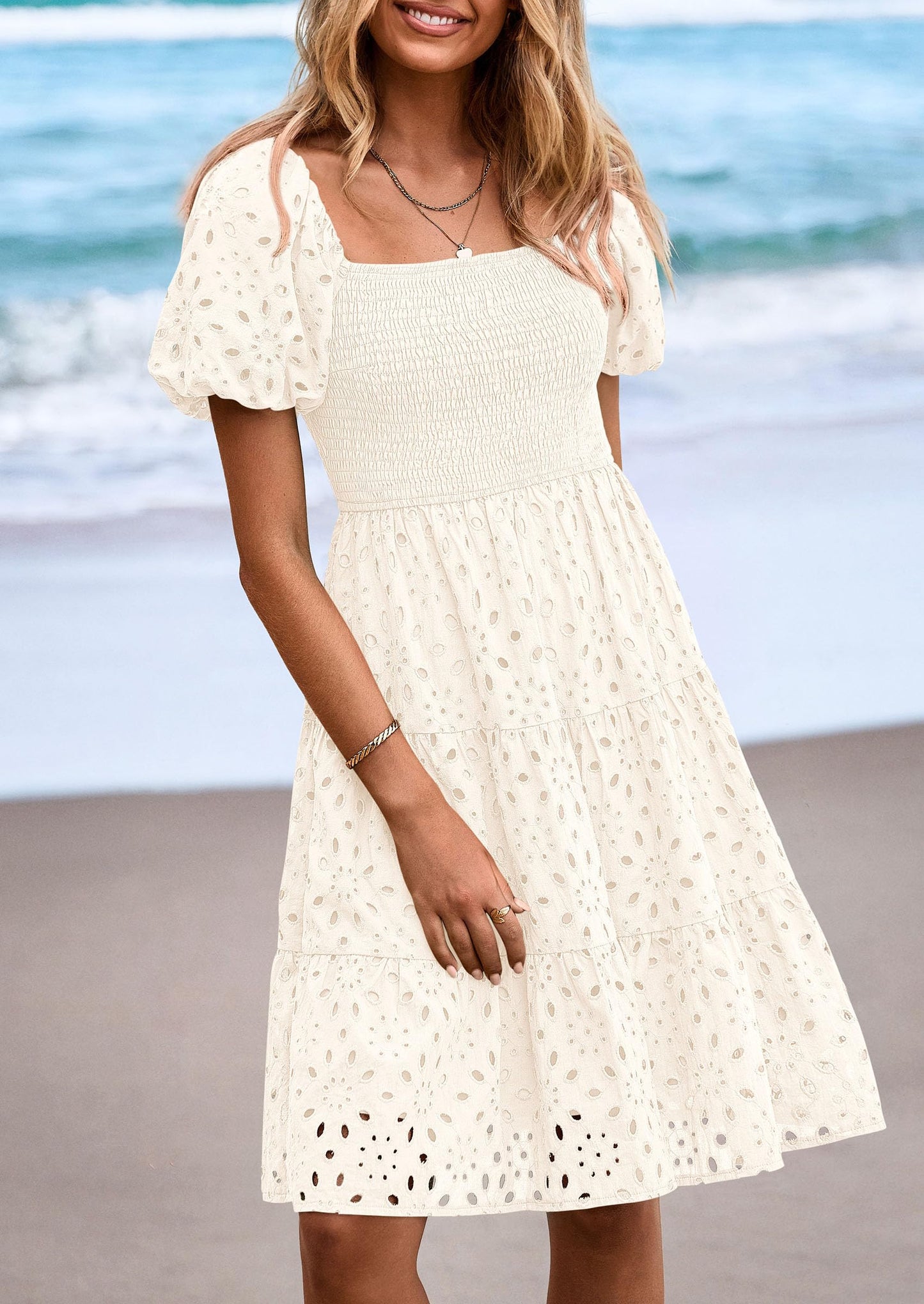 Womens Summer Puff Sleeve Mini Dress Off Shoulder Eyelet Smocked A Line Casual Babydoll Short Dresses