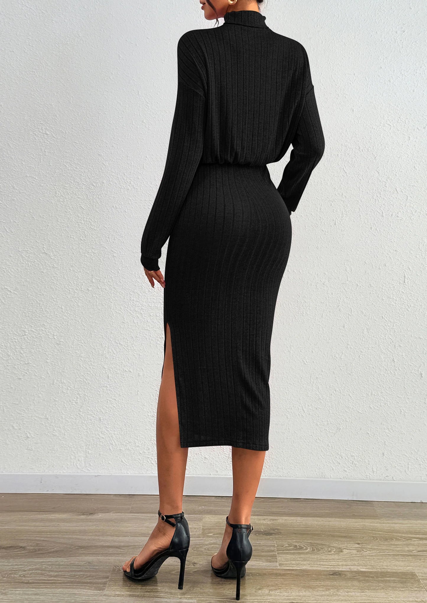 Turtle Neck Dresses for Women Fall Knit Outfits Slit Elastic Waist Long Sleeve Bodycon Midi Sweater Dress