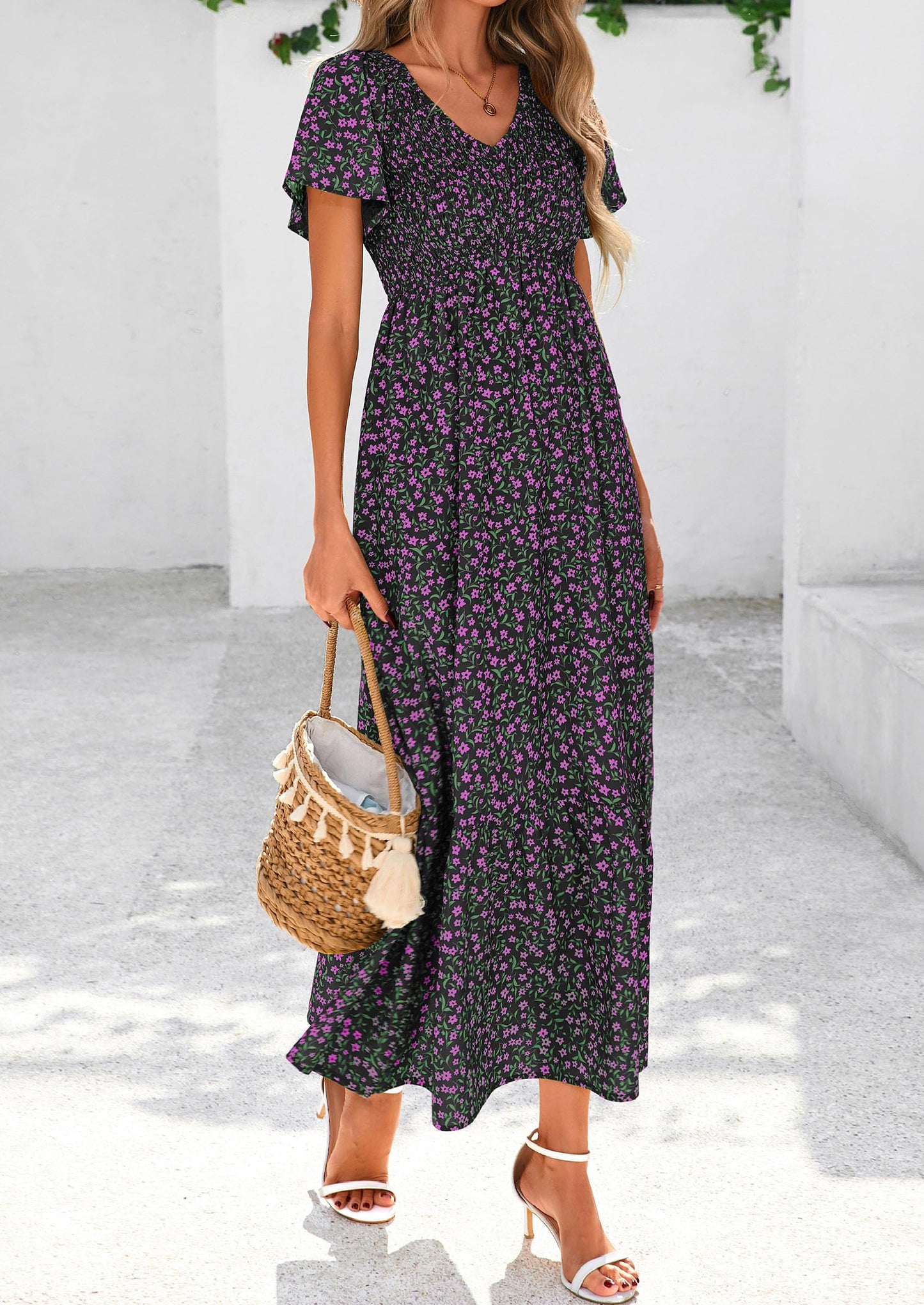 Women Floral Boho Maxi Dresses Short Sleeve V Neck Smocked A Line Long Flowy Beach Vacation Dress