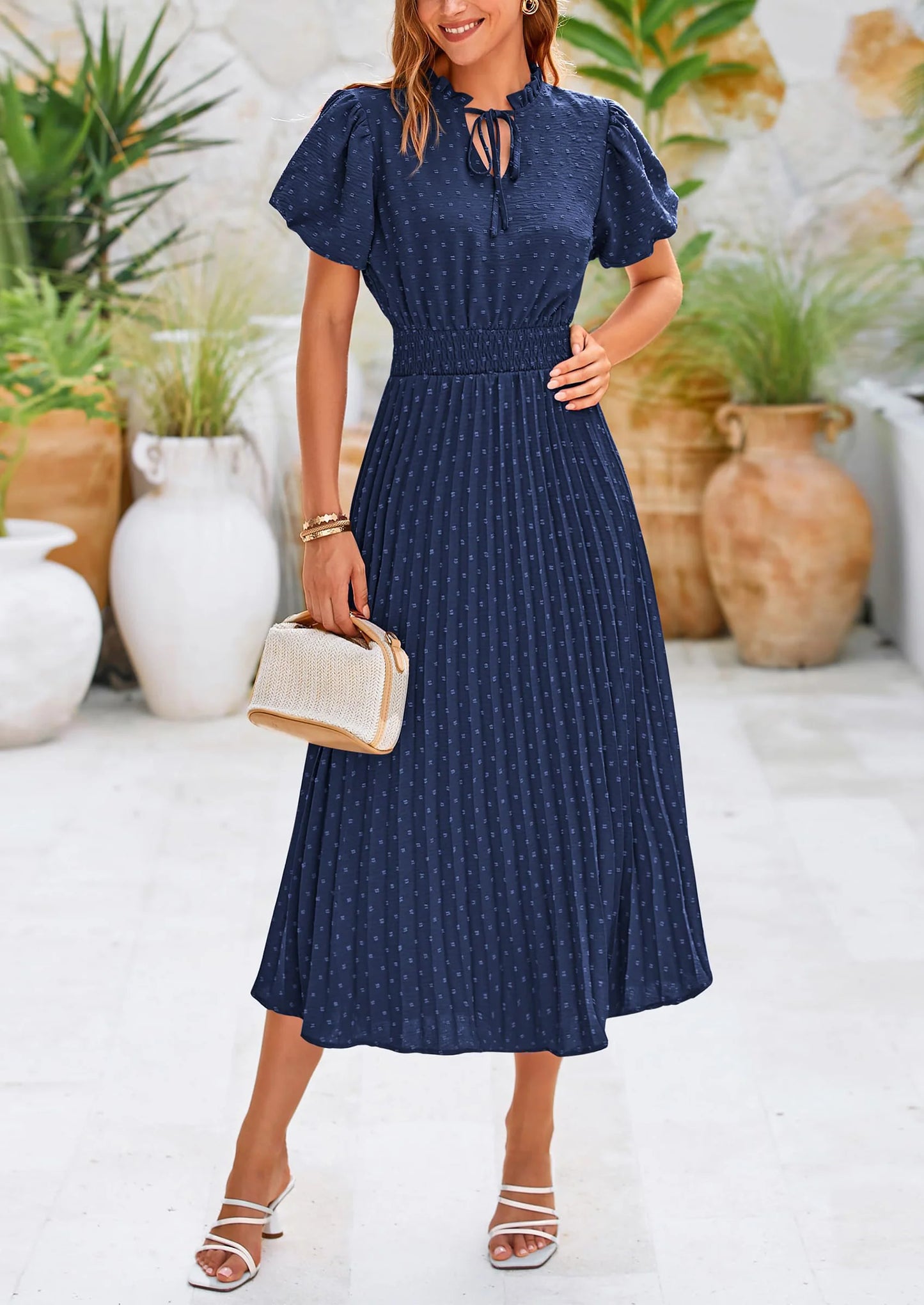 Womens Midi Dresses Puff Short Sleeve V Neck Swiss Dot Pleated A Line Flowy Long Wedding Guest Dress