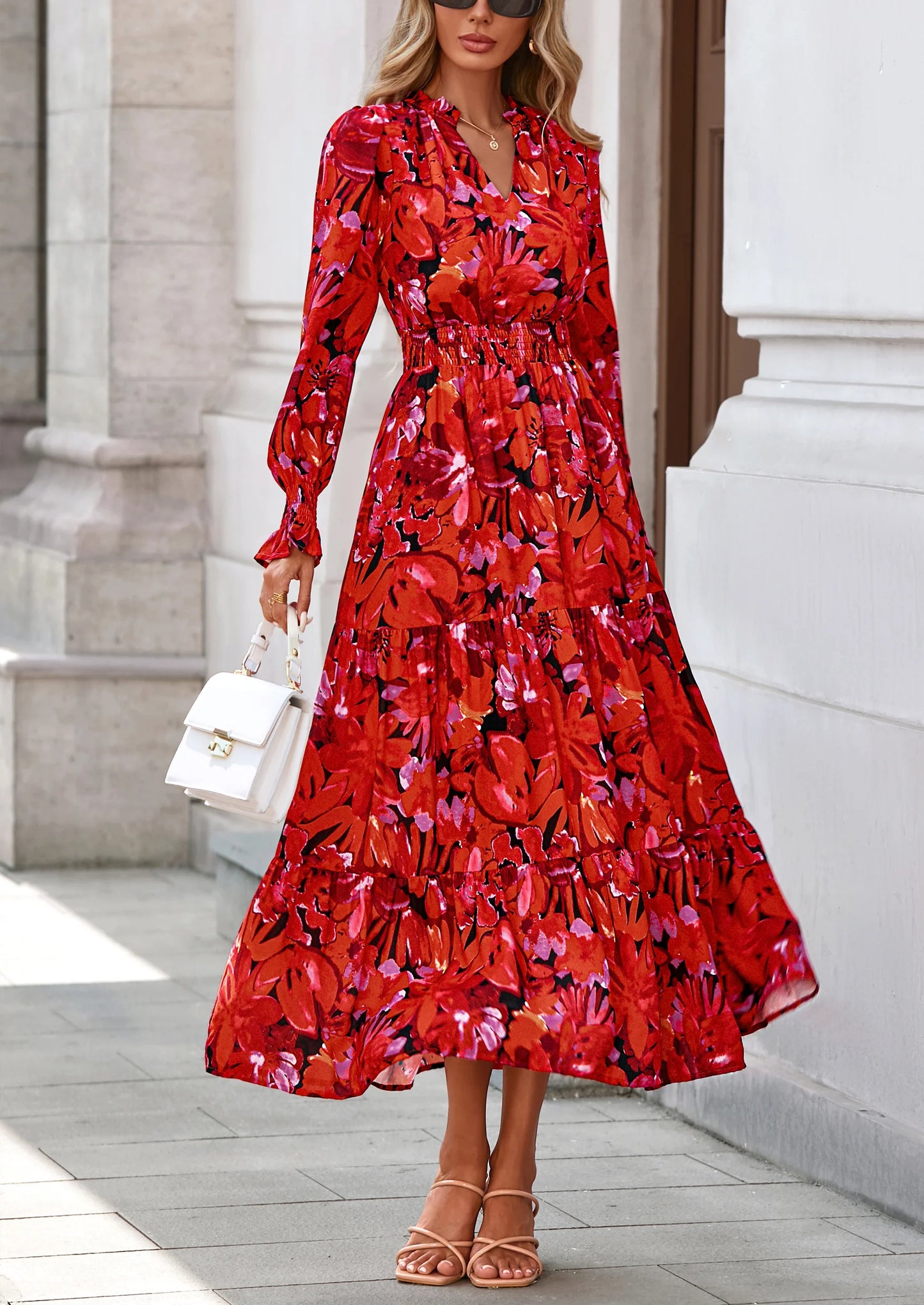 Women's Floral Maxi Dress Spring Long Sleeve V Neck Casual A Line Long Flowy Boho Party Dresses