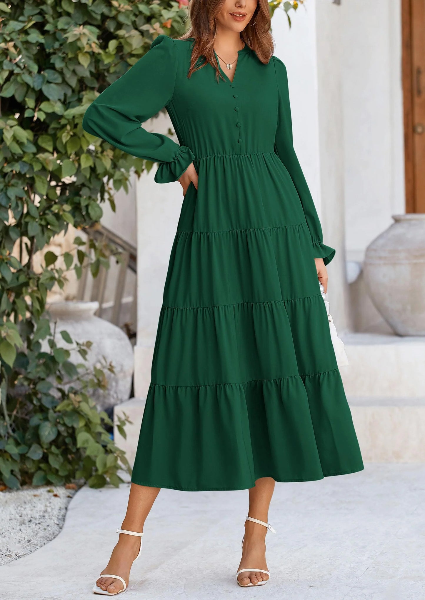 Women Fall Long Sleeve Smocked Maxi Dress Casual Square Neck Swiss Dot Tiered Ruffle Flowy Spring Pocket Dresses