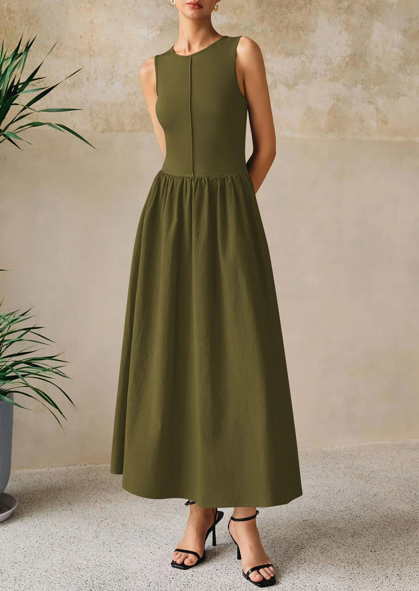 Women Maxi Dresses Casual Sleeveless Patchwork Knit Tank Dress Flowy Beach Sundress Long Dress