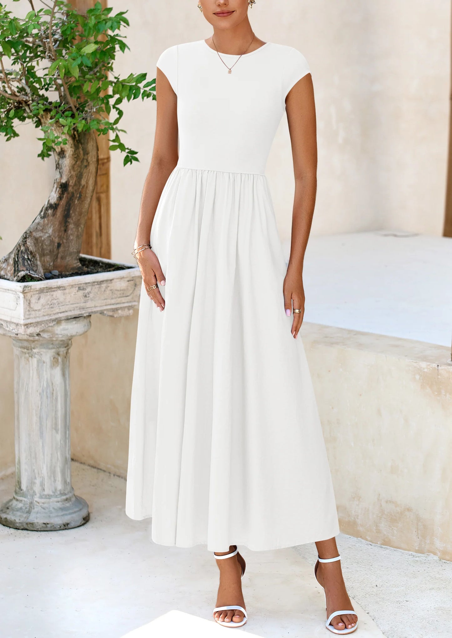 Women's Casual Long Dresses Cap Sleeve Patchwork A Line Flowy Modest Elegant Homecoming Maxi Dress