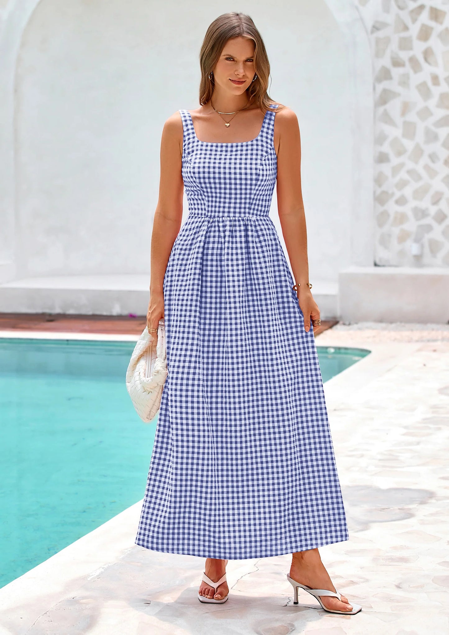 Women's Summer Spaghetti Strap Maxi Dresses Plaid Square Neck A Line Casual Beach Vacation Long Sundress
