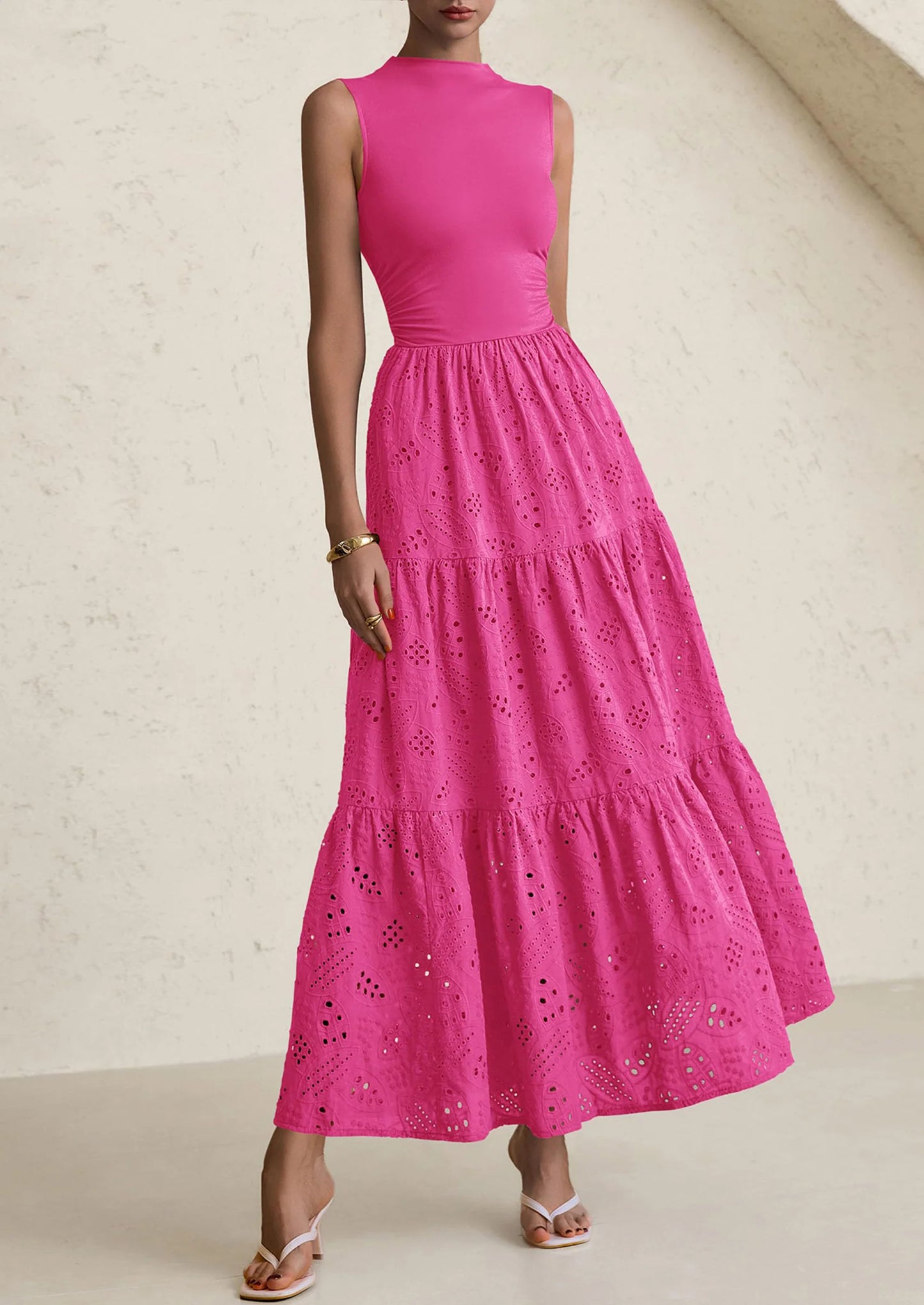 Dresses for Women Casual Eyelet Sleeveless Wedding Guest Maxi Dress Tank Top Sundress with Pockets