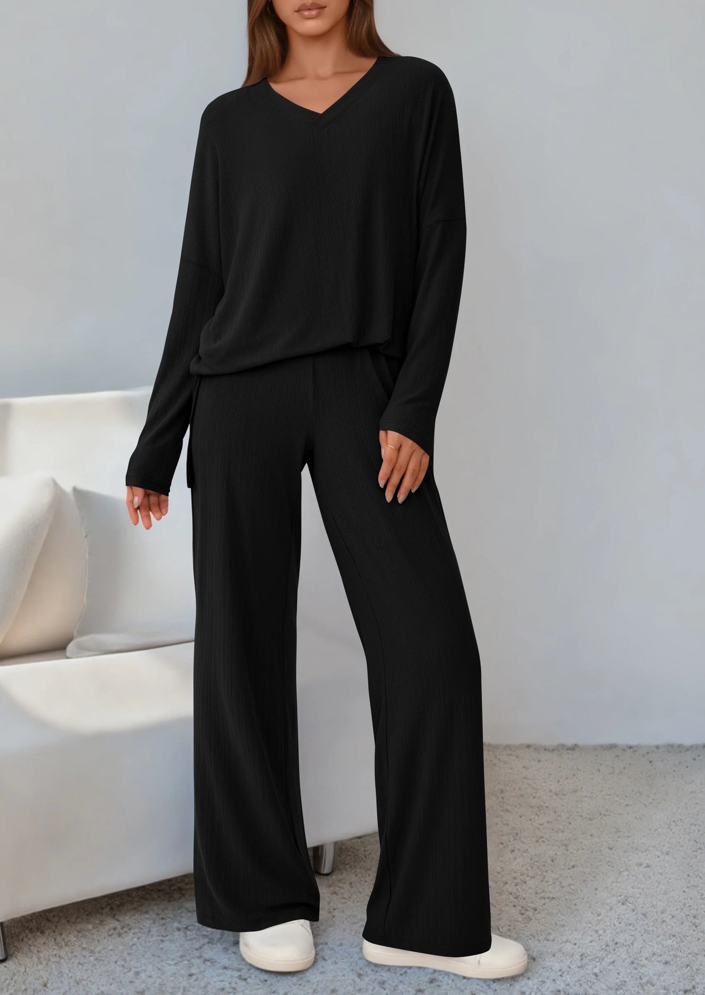 2 Piece Lounge Sets for Women Fall Outfits Casual Loose Long Sleeve Tops Wide Leg Pants Matching Pajama Set