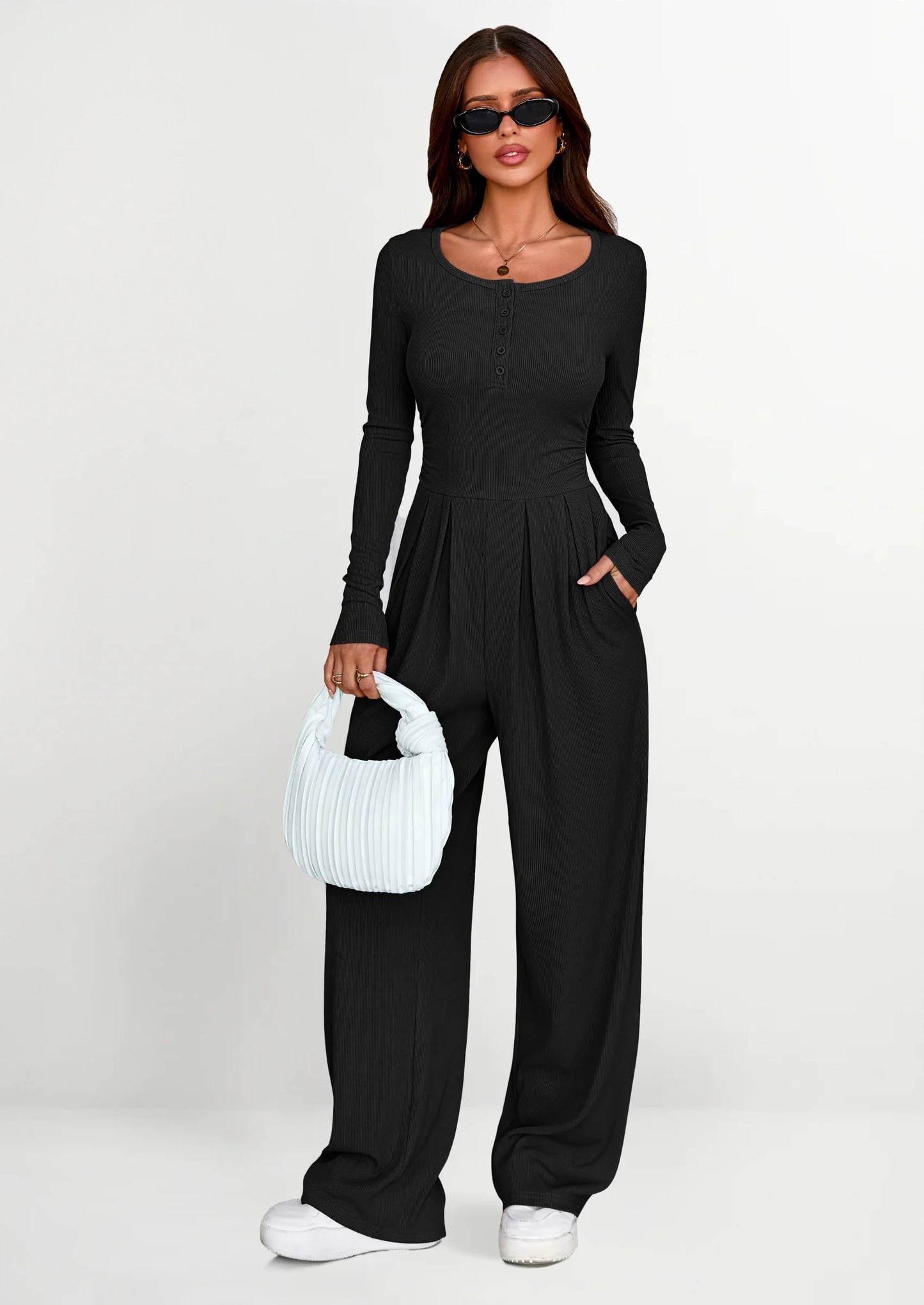 Jumpsuits for Women Dressy Casual Fall One Piece Outfits Long Sleeve Crew Neck Wide Leg Pants Rompers