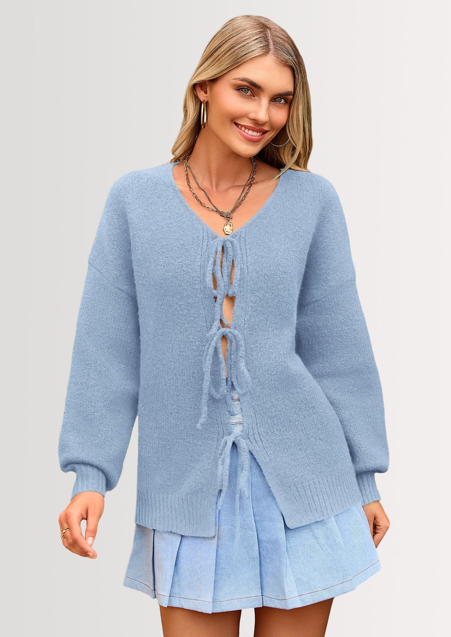 Women's Tie Front Bow Cardigan Sweaters Chunky Knit Long Puff Sleeve Trendy Fall Winter Jacket Coats