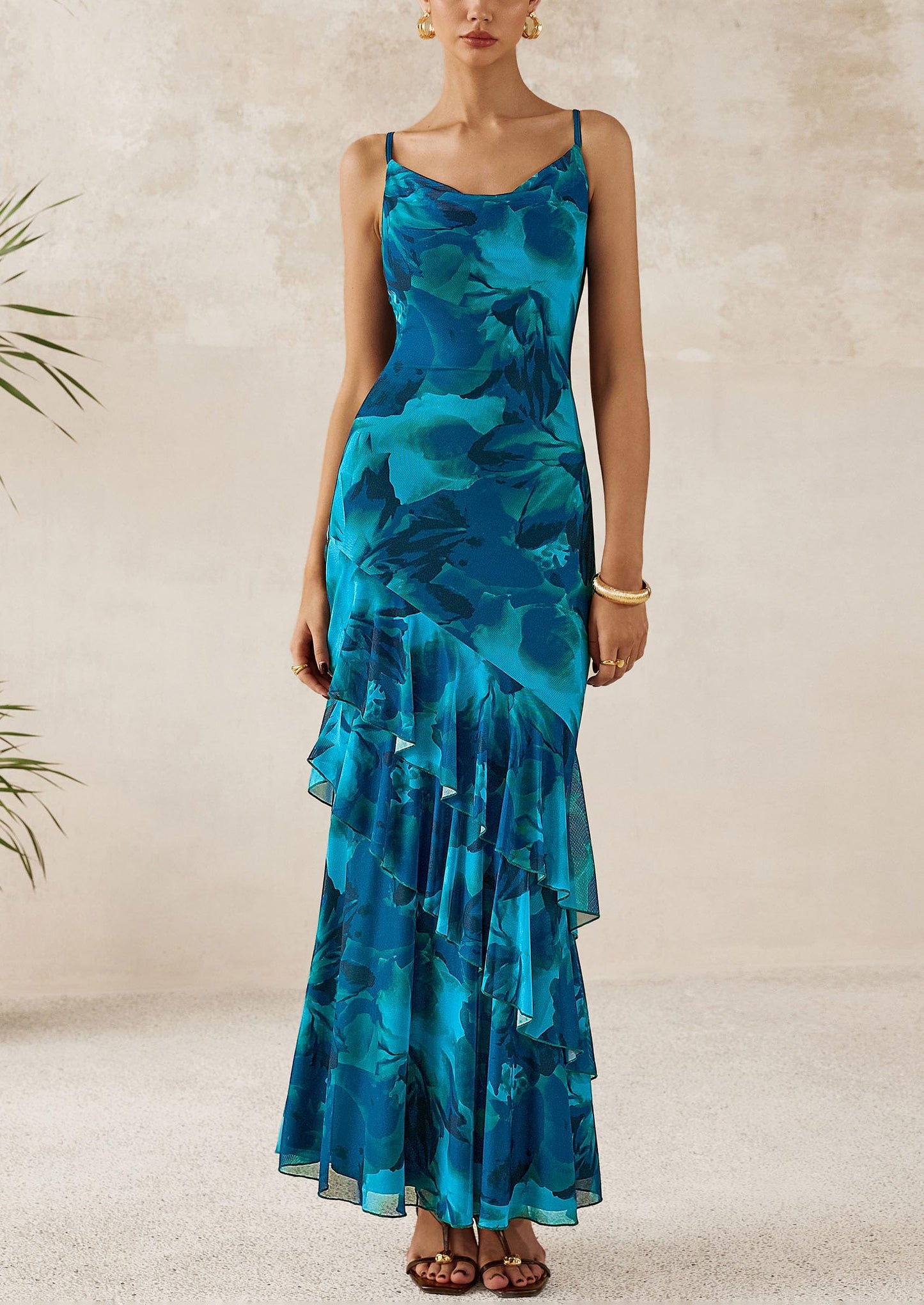 Maxi Dresses for Women Floral Beach Sundress Spaghetti Strap Tiered Wedding Guest Long Dress