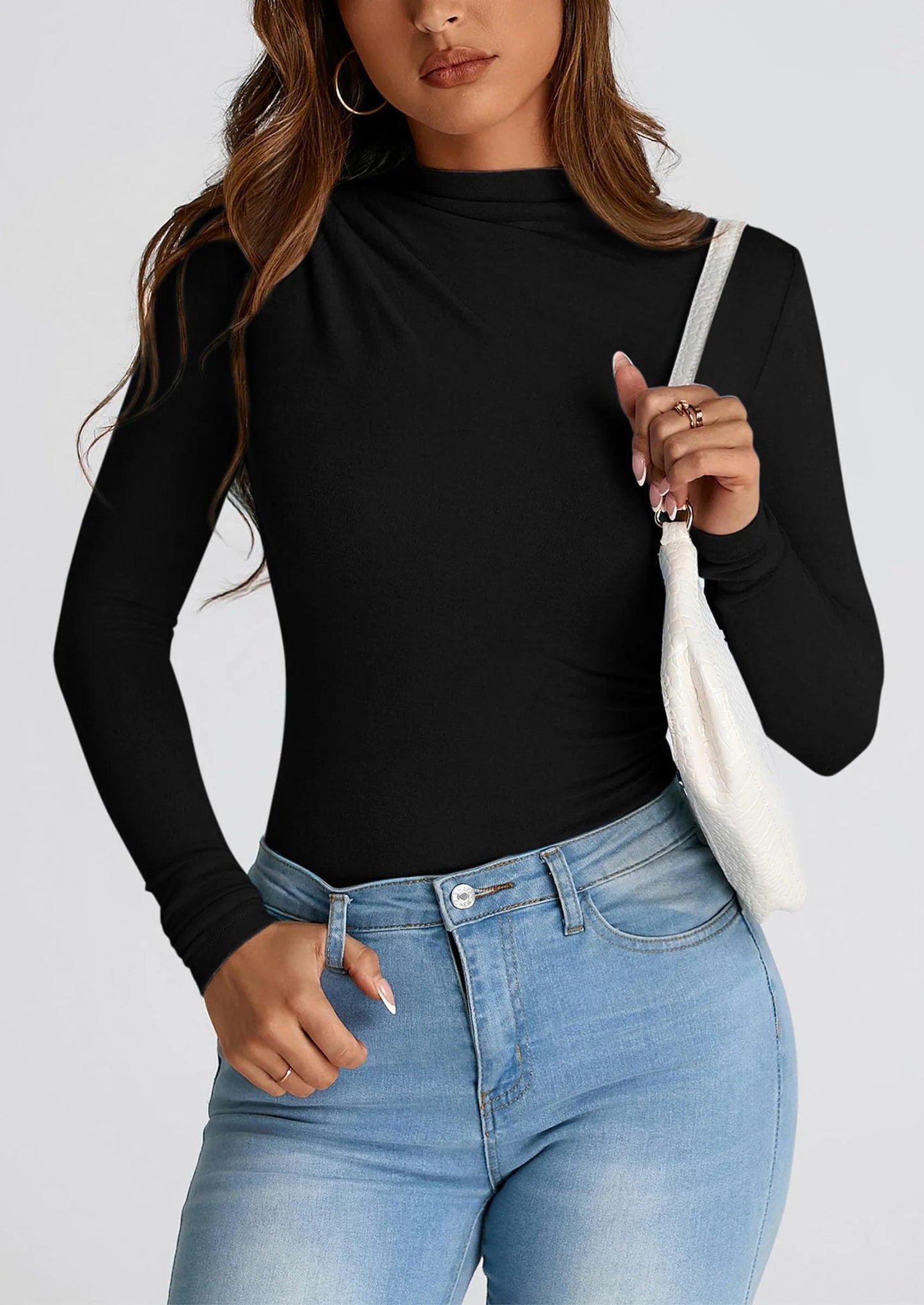 Womens Fall Y2K Going Out Crop Tops Long Sleeve Mock Neck Ruched Slim Fitted Basic Trendy Casual T Shirts Blouse