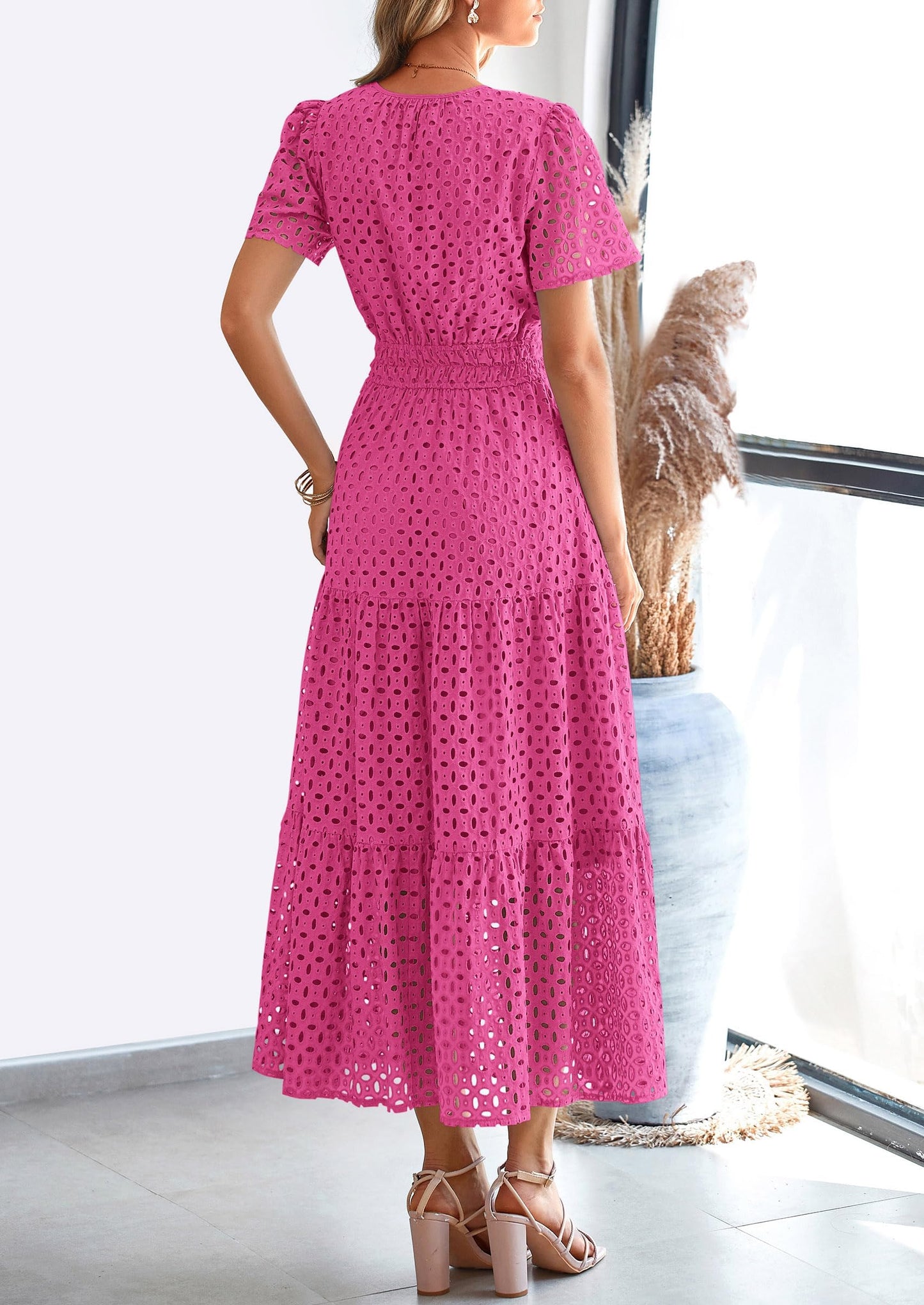 Womens Maxi Dress Short Sleeve V Neck Hollow Out Eyelet A Line Long Flowy Beach Vacation Dresses
