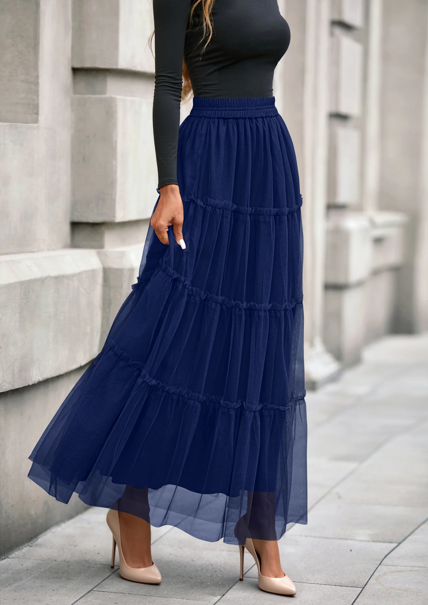 Maxi Skirts for Women Fall Tulle High Waisted Ruffle Flowy A-Line Long Skirt Country Concert Outfits