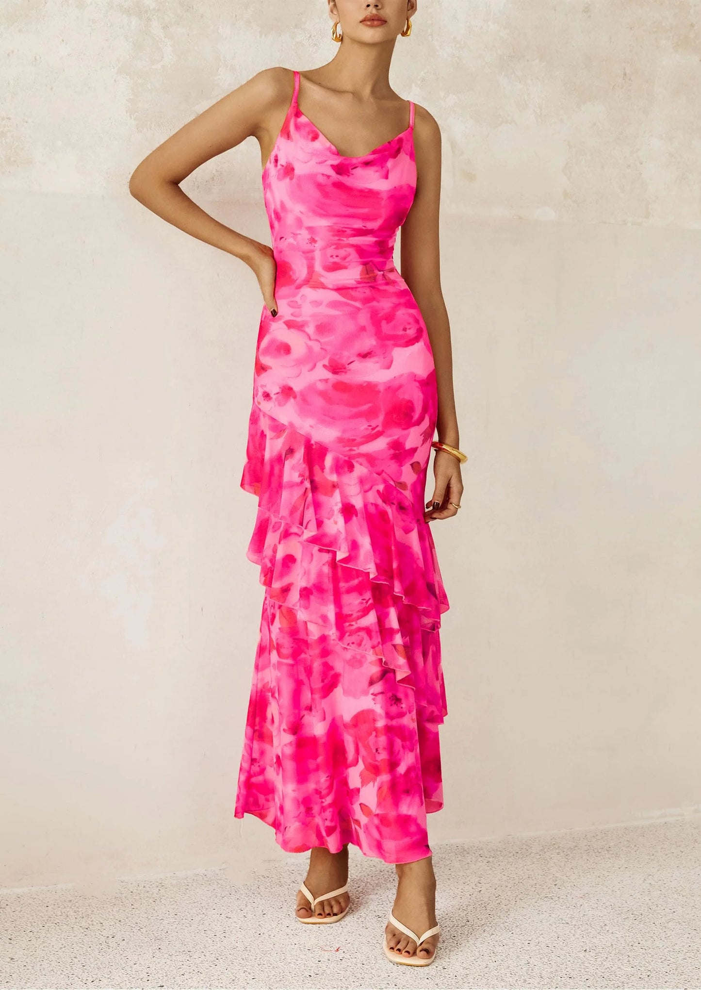 Maxi Dresses for Women Floral Beach Sundress Spaghetti Strap Tiered Wedding Guest Long Dress