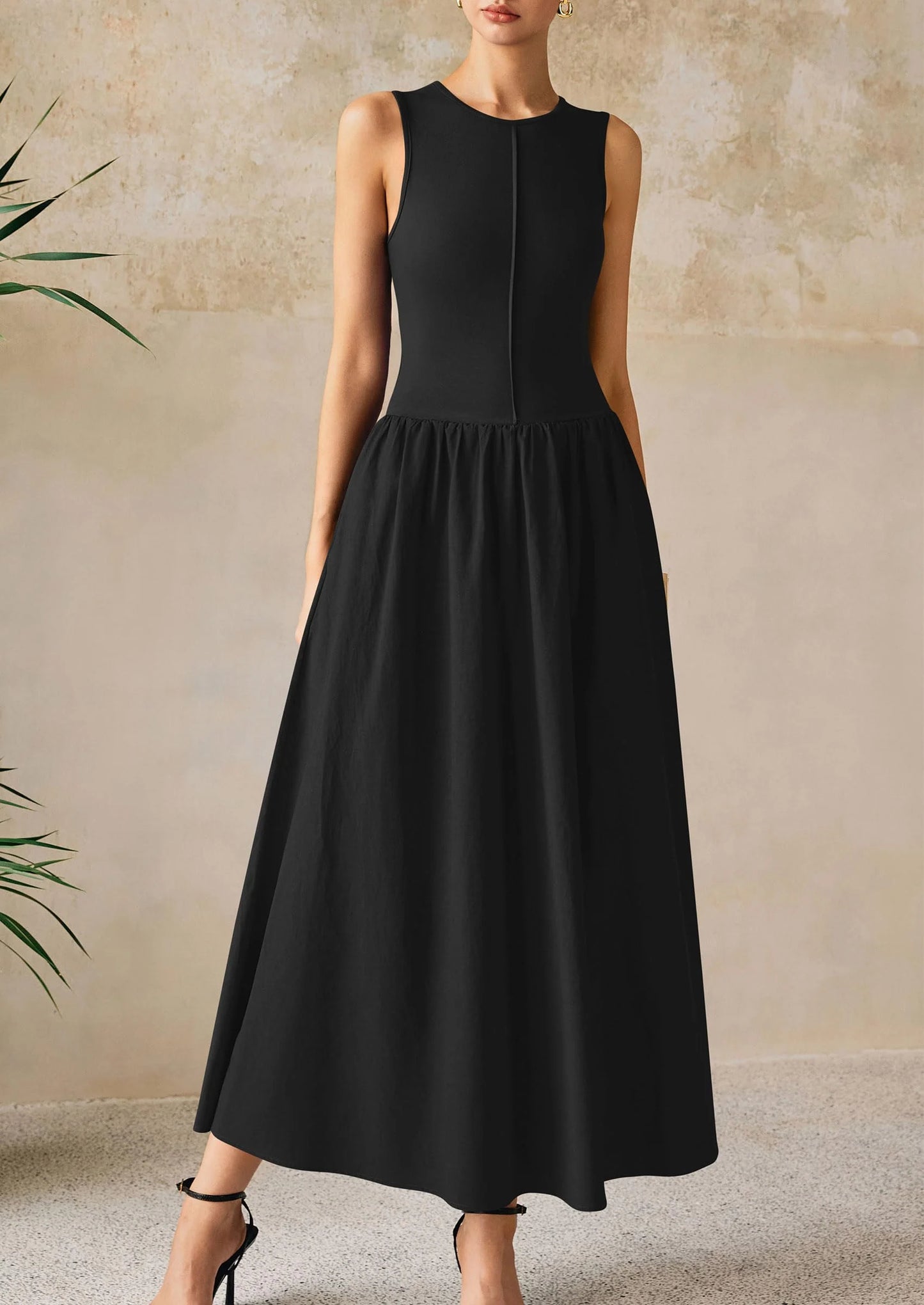 Women Maxi Dresses Casual Sleeveless Patchwork Knit Tank Dress Flowy Beach Sundress Long Dress