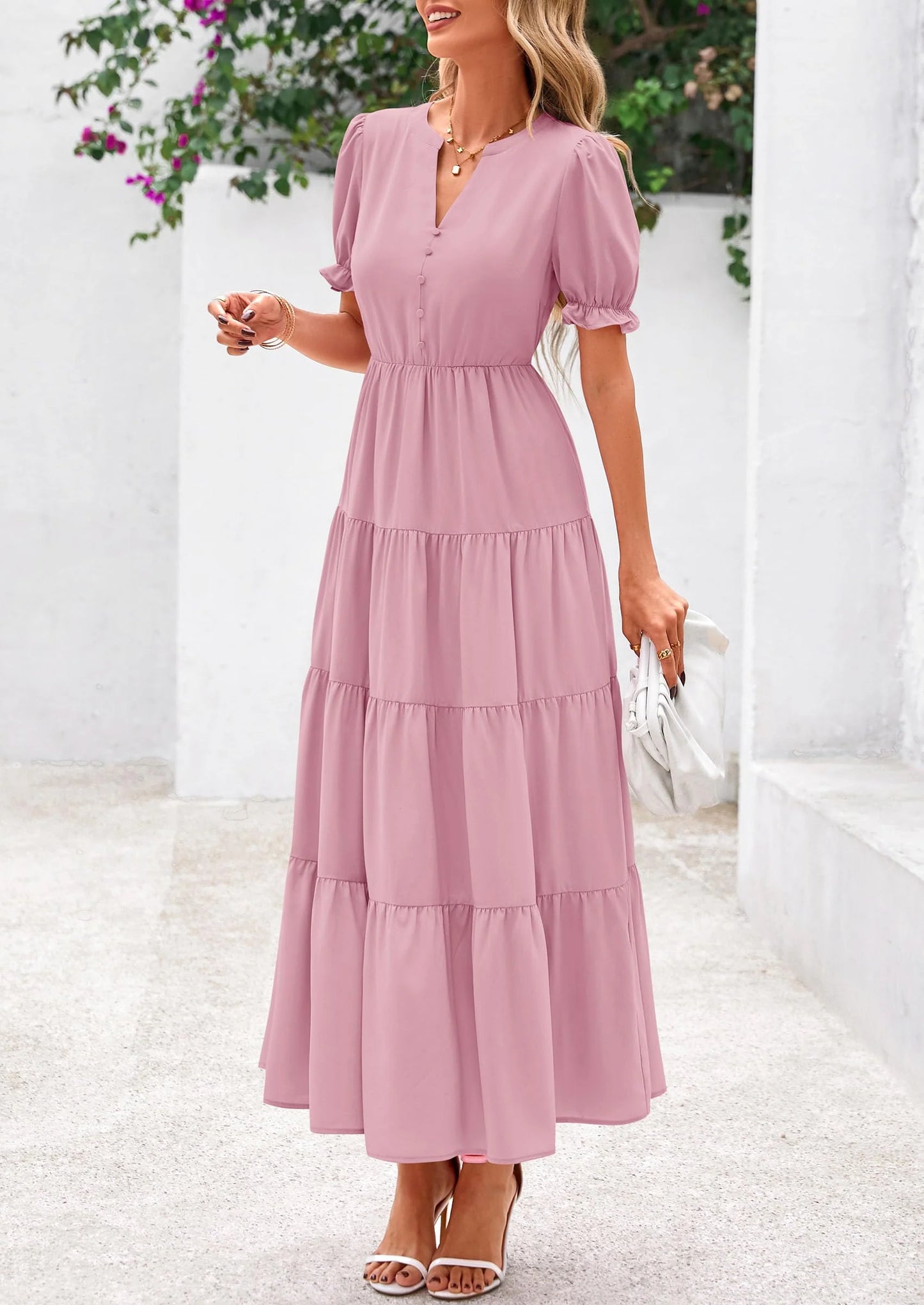 Women's Casual Short Sleeve V Neck Midi Dresses Spring A-line Tiered Wedding Guest Dress