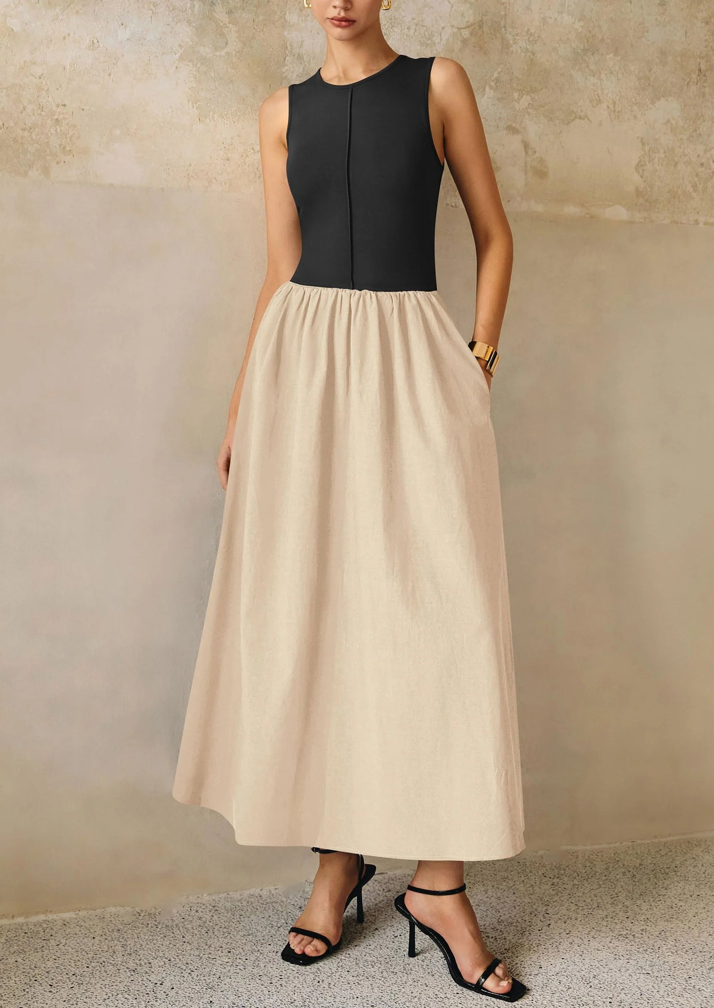 Women Maxi Dresses Casual Sleeveless Patchwork Knit Tank Dress Flowy Beach Sundress Long Dress