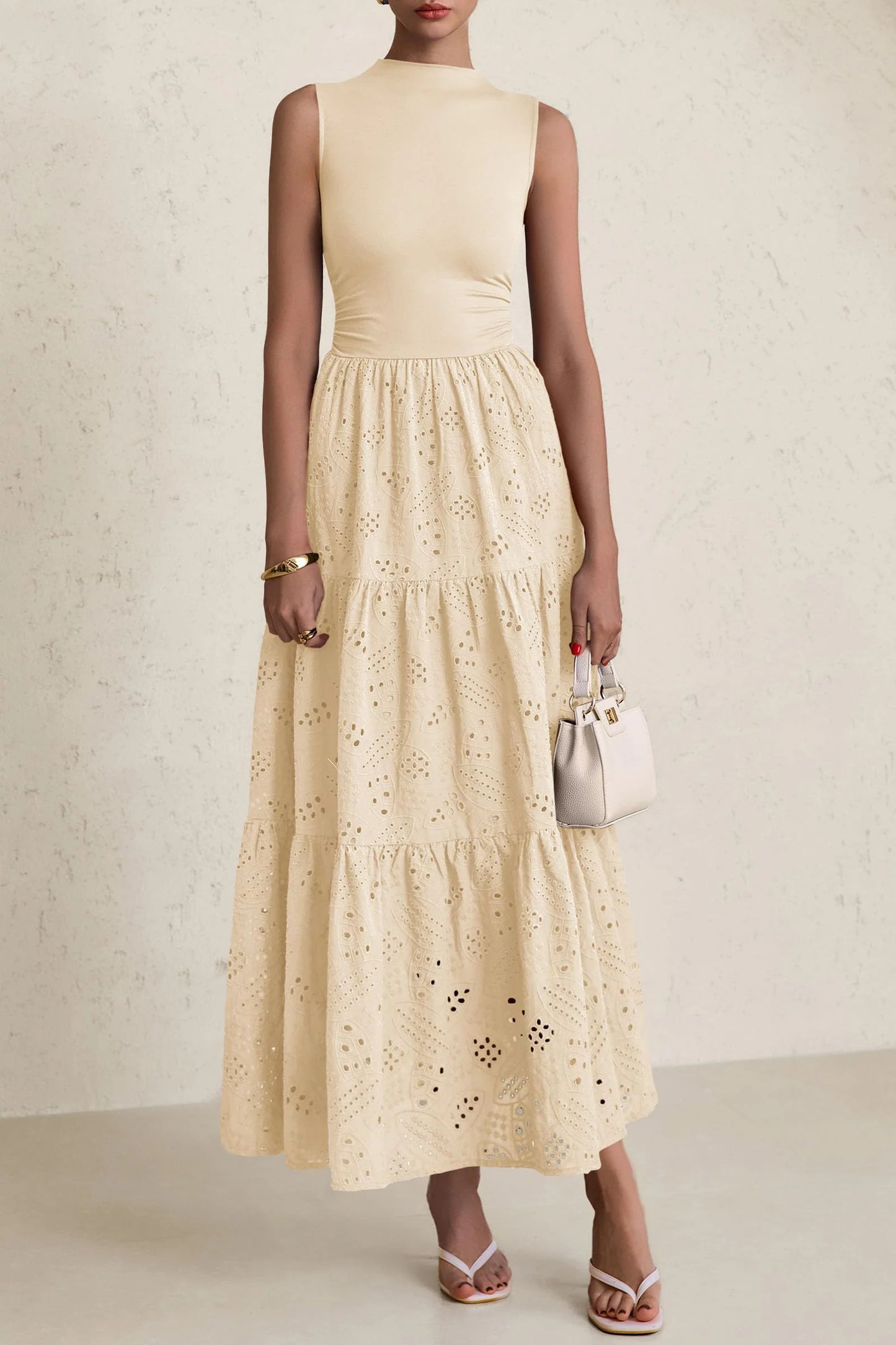 Dresses for Women Casual Eyelet Sleeveless Wedding Guest Maxi Dress Tank Top Sundress with Pockets