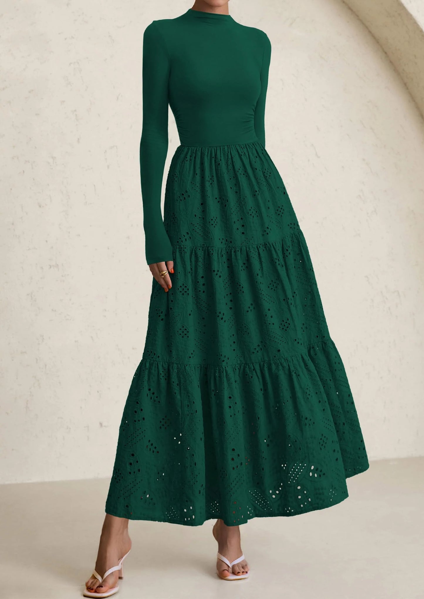 Long Sleeve Dress for Women Fall Eyelet Mock Neck A Line Elegant Classy Maxi Wedding Guest Dresses Pockets