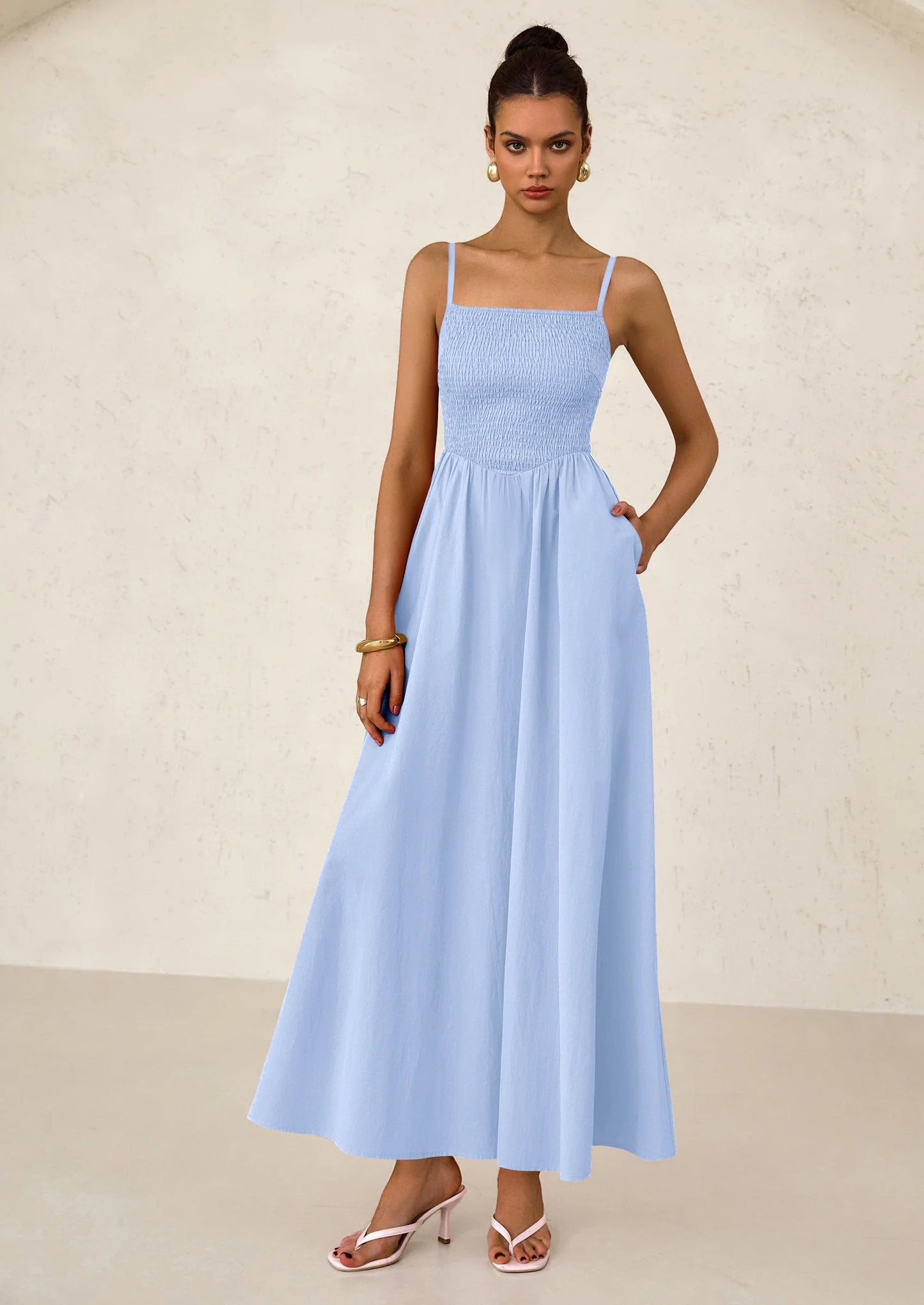 Women's Smocked Maxi Dresses Beach Sundress Casual Spaghetti Strap Swing A Line Long Flowy Dress