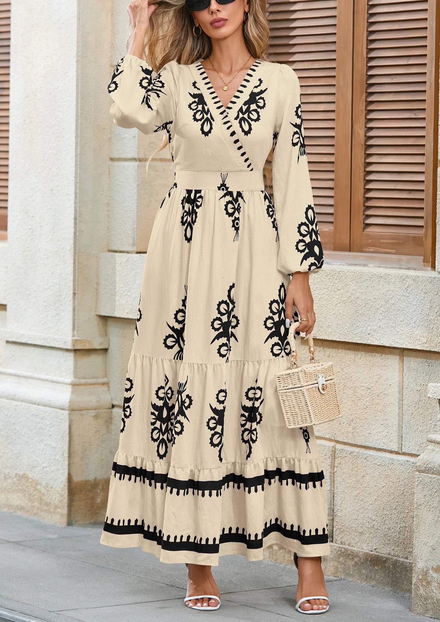 Women's Fall Wedding Guest Dresses Boho Floral Long Sleeve V Neck Flowy Elegant Maxi Dress Beach Clothes