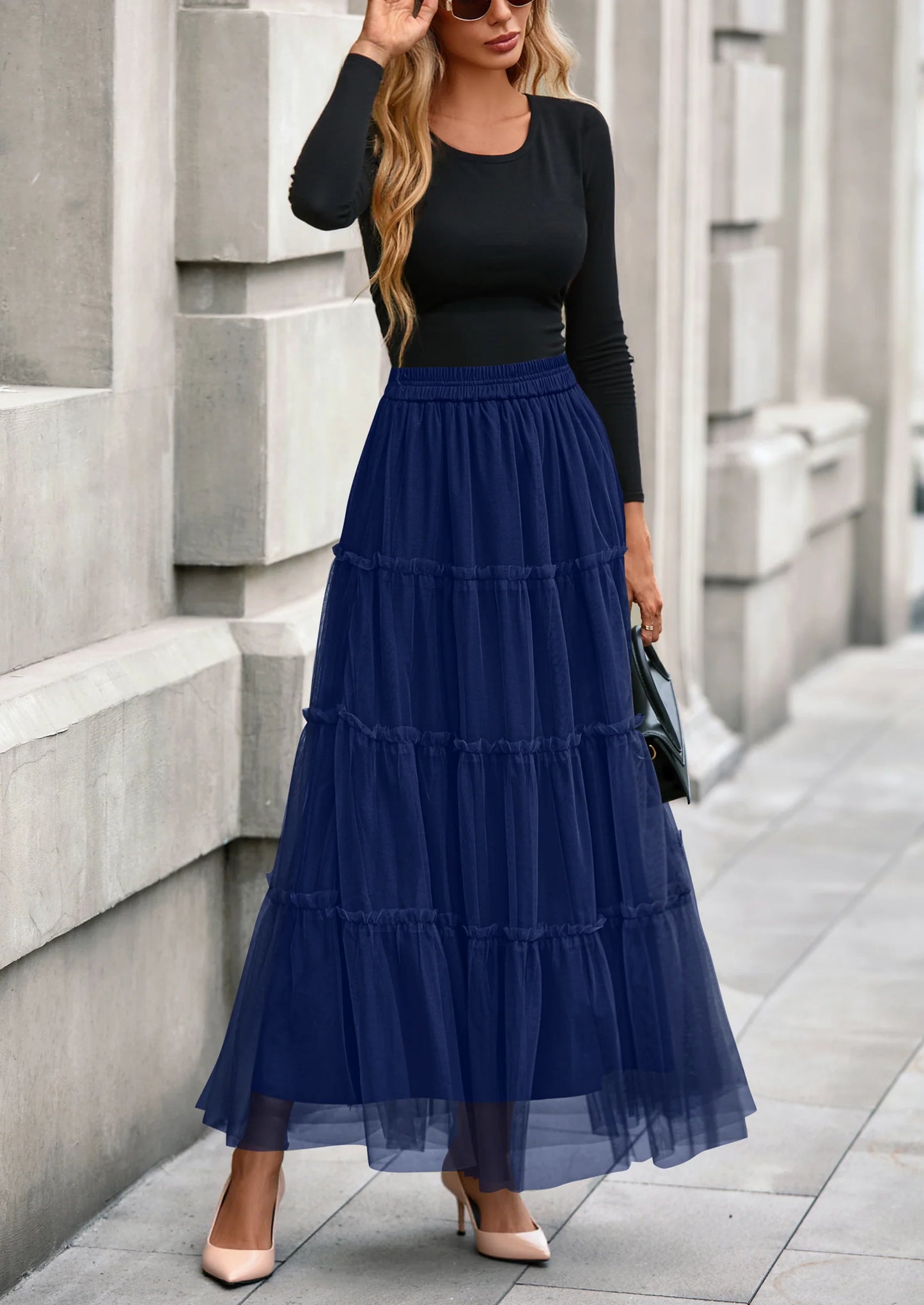 Maxi Skirts for Women Fall Tulle High Waisted Ruffle Flowy A-Line Long Skirt Country Concert Outfits
