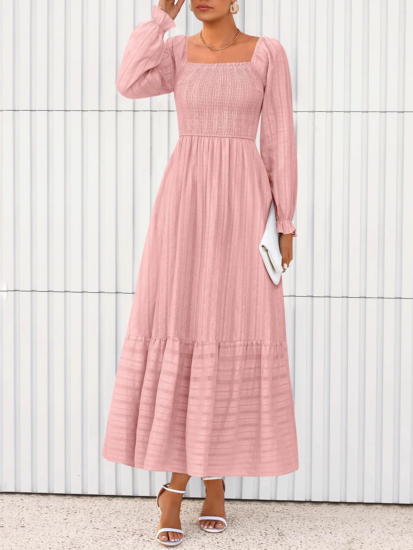 BTFBM Women Maxi Fall Dresses Long Sleeve Solid Color Square Neck Smocked Boho Long Wedding Guest Dress