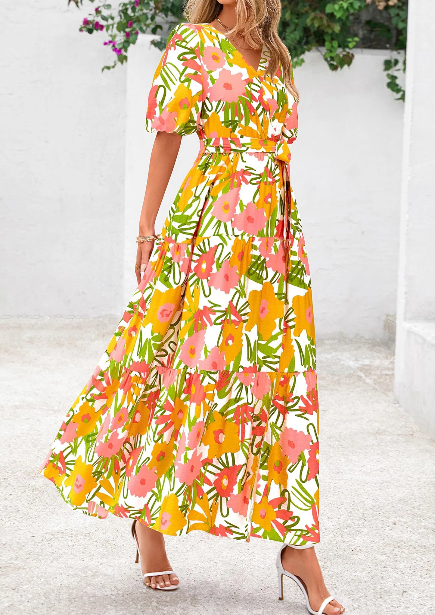 Women's Maxi Dress Resort Wear Boho Floral V Neck Puff Short Sleeve Ruffle Flowy Beach Long Dresses