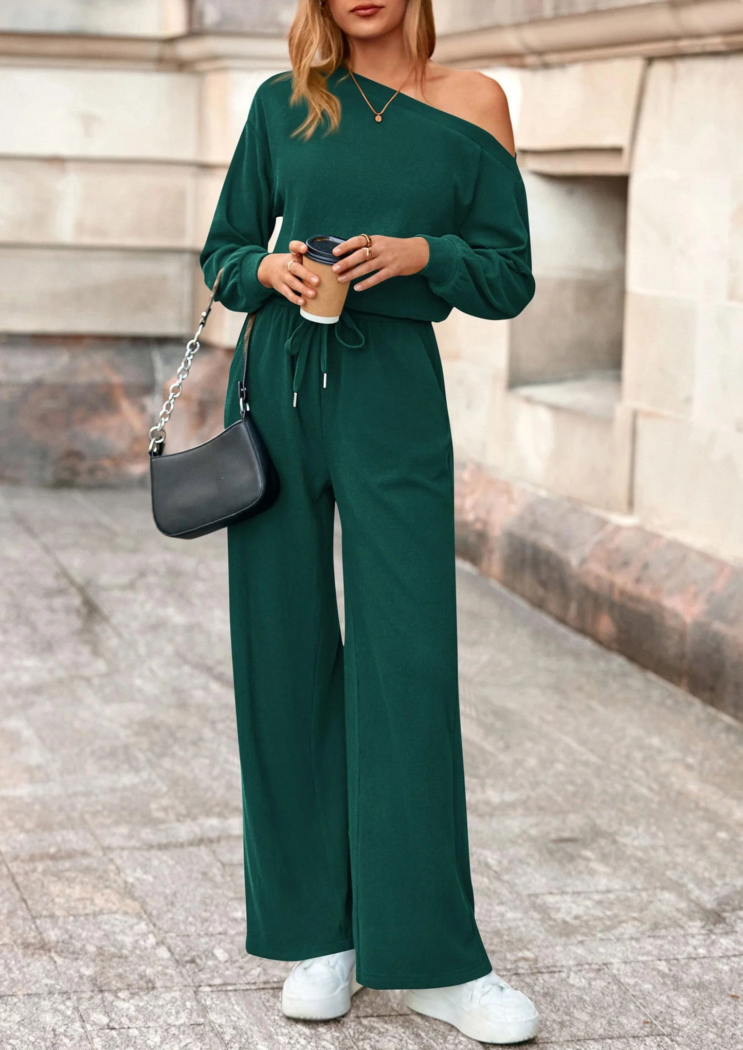Long Sleeve Jumpsuit For Women Dressy Off Shoulder One Piece Loose Wide Leg Jumpsuits Casual Flowy Romper