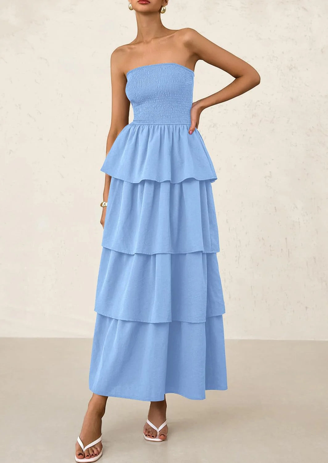 Maxi Dresses for Women Off Shoulder Smocked Tiered Ruffle Long Flowy Wedding Guest Dress