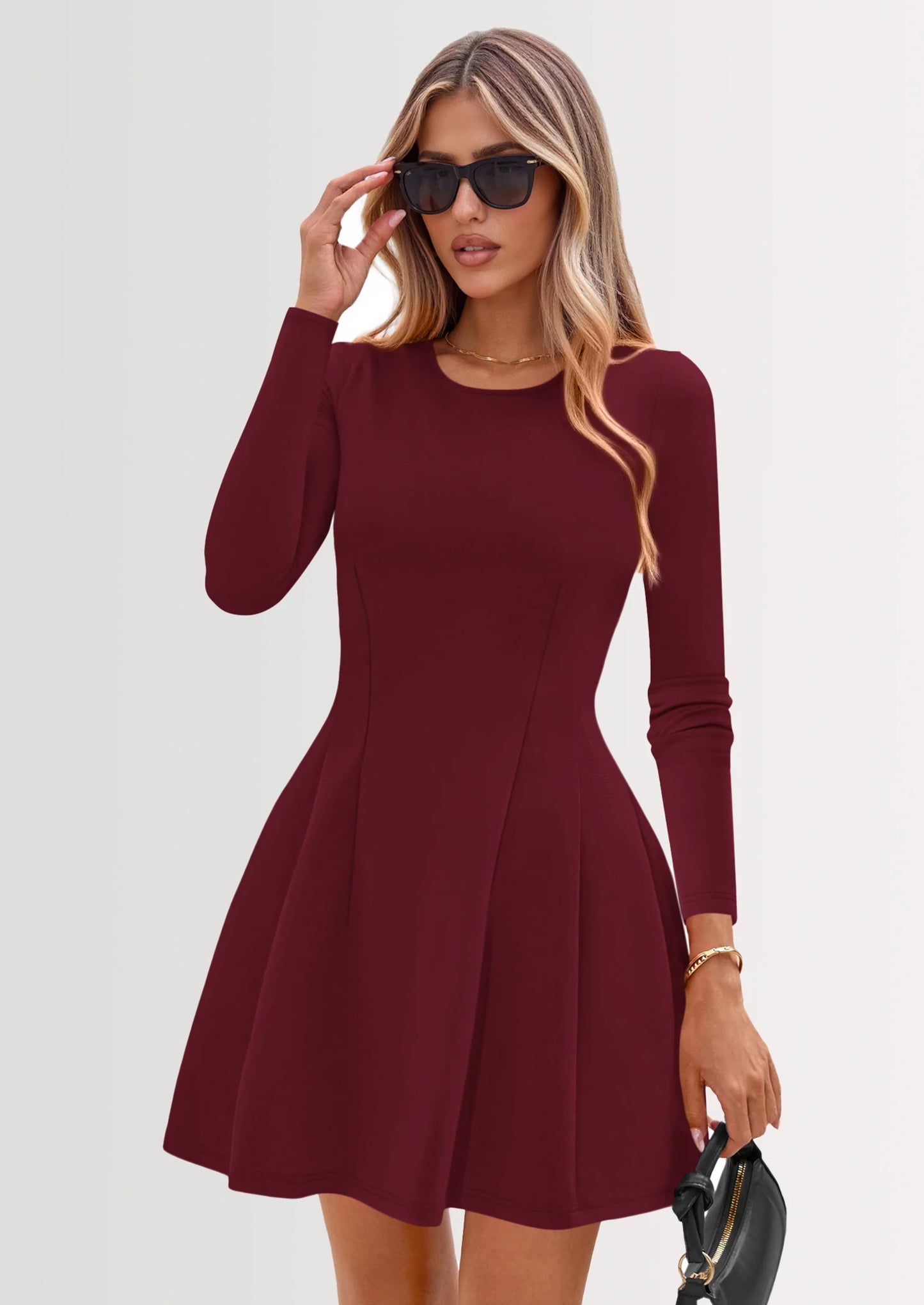 Long Sleeve Mini Dress for Women Fall Crewneck Knit Pleated Babydoll A Line Soft Casual Short Party Dresses