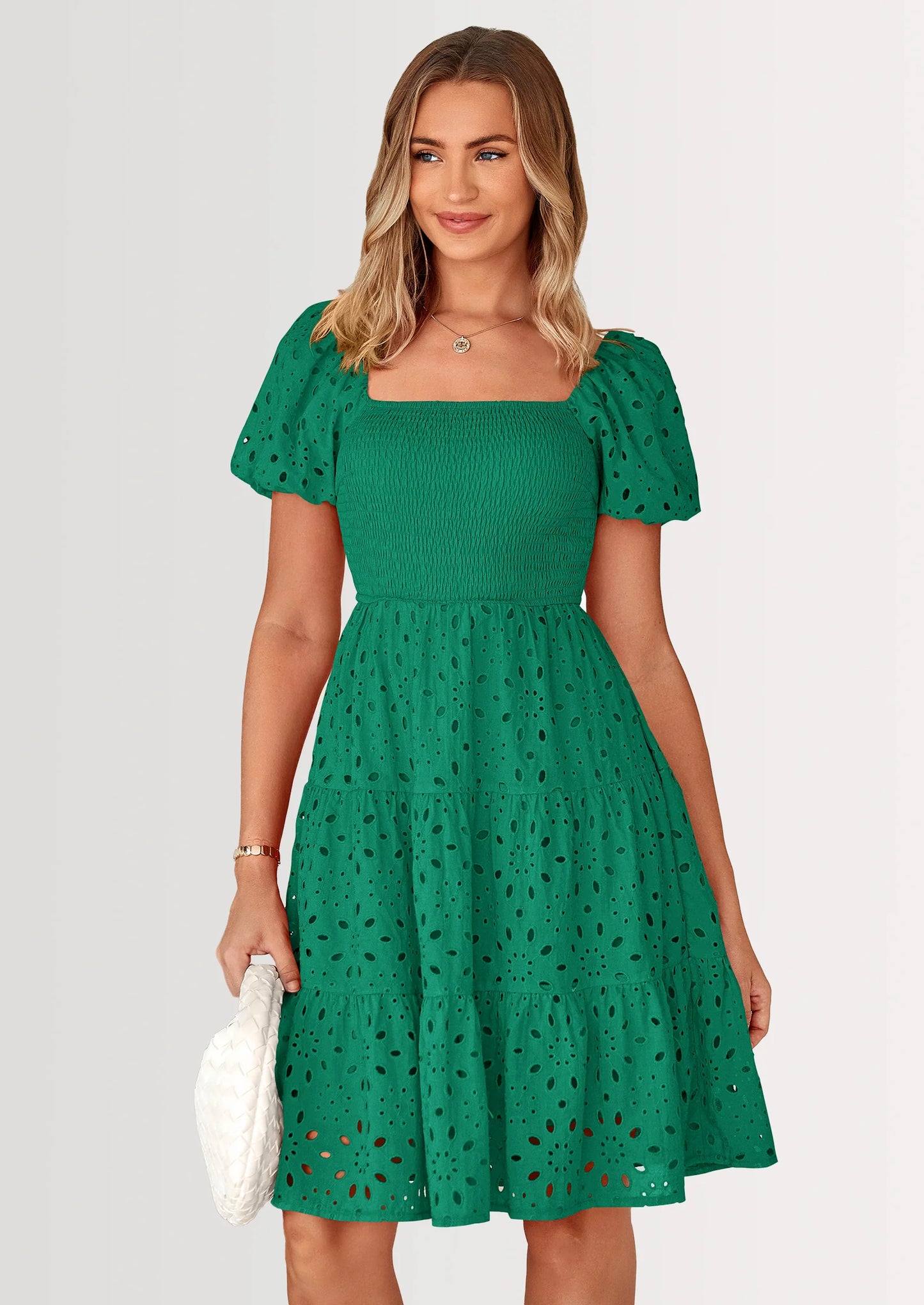 Womens Summer Puff Sleeve Mini Dress Off Shoulder Eyelet Smocked A Line Casual Babydoll Short Dresses