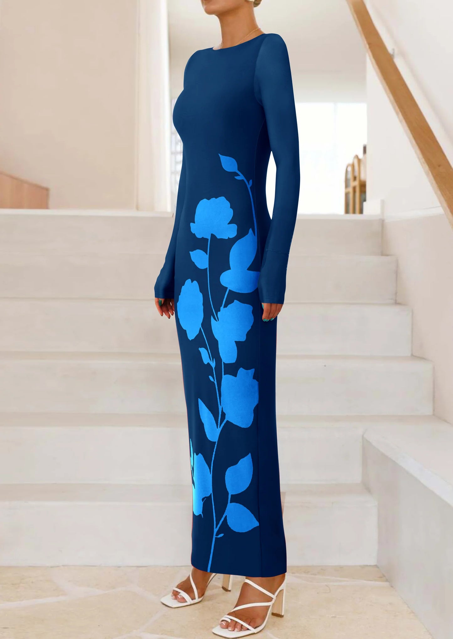 Bodycon Maxi Dress Fall Floral Long Sleeve Sexy Mesh Cocktail Wedding Guest Long Dresses