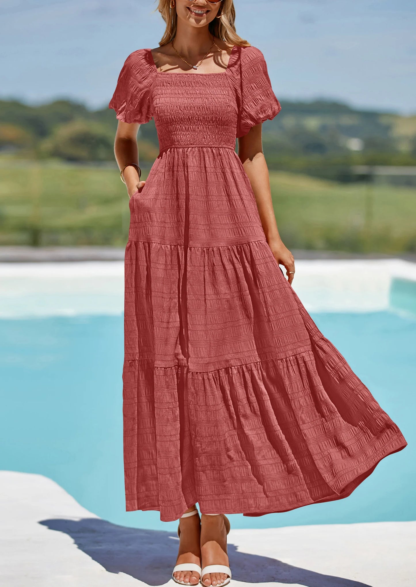 Womens Summer Puff Short Sleeve Maxi Dress Square Neck Smocked Tiered Ruffle A Line Long Flowy Beach Dresses