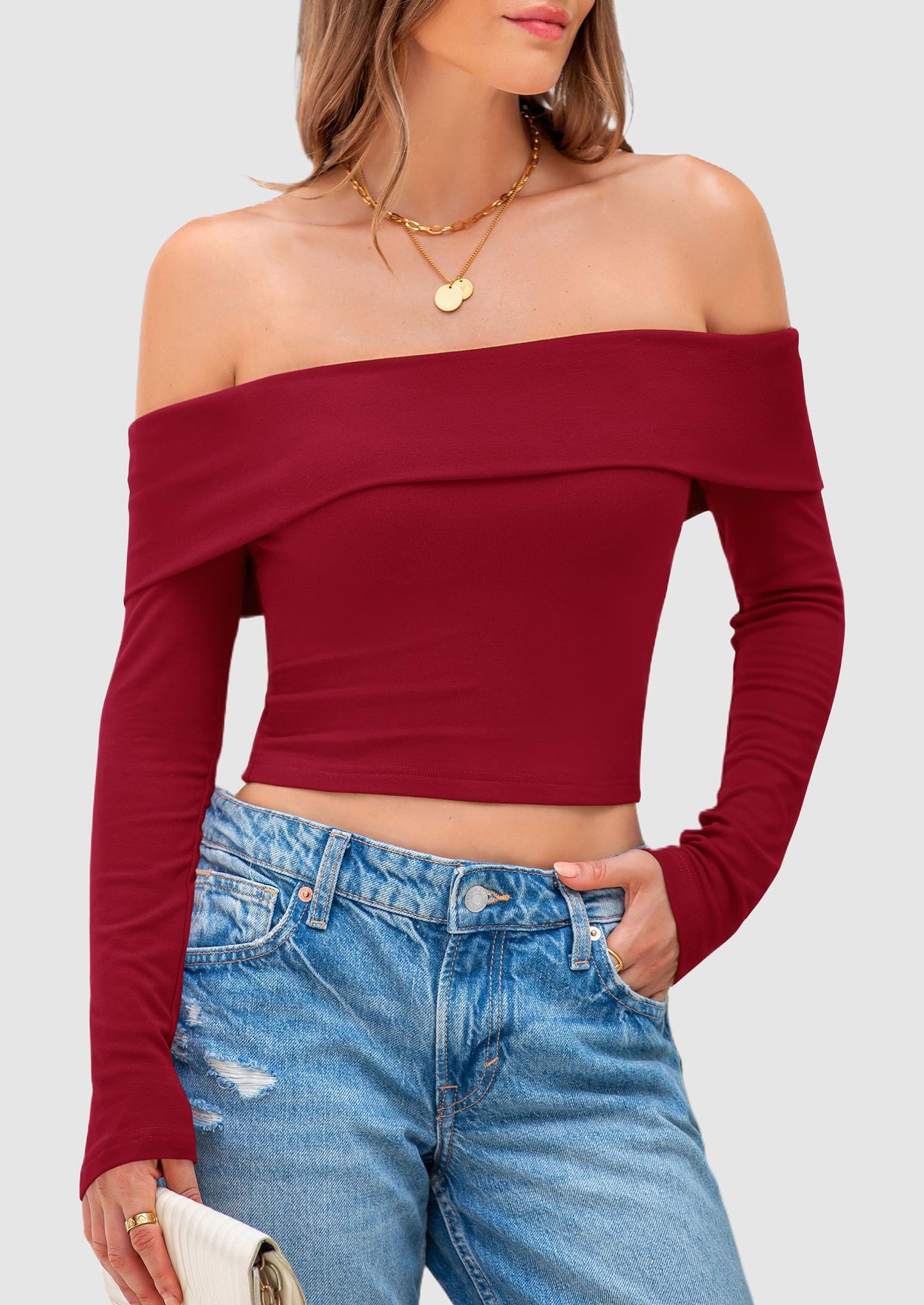 Off The Shoulder Tops for Women Long Sleeve Shirts Trendy Going Out Crop Top Spring Fashion Clothes