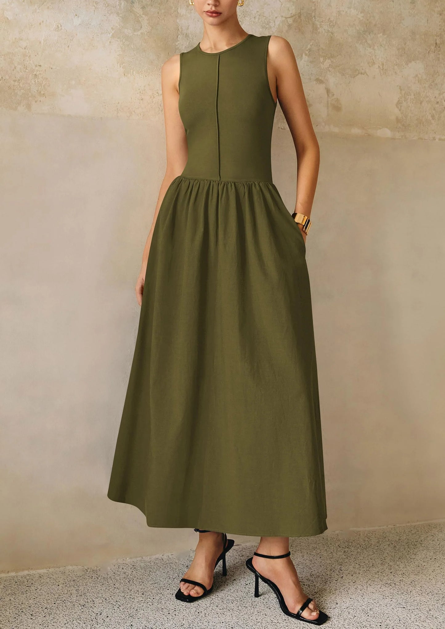 Women Maxi Dresses Casual Sleeveless Patchwork Knit Tank Dress Flowy Beach Sundress Long Dress