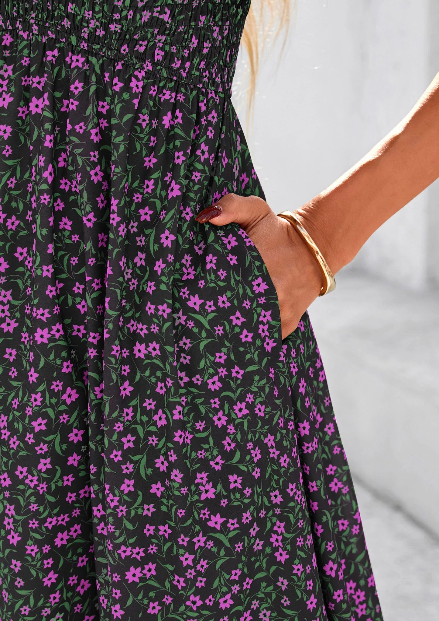 Women Floral Boho Maxi Dresses Short Sleeve V Neck Smocked A Line Long Flowy Beach Vacation Dress
