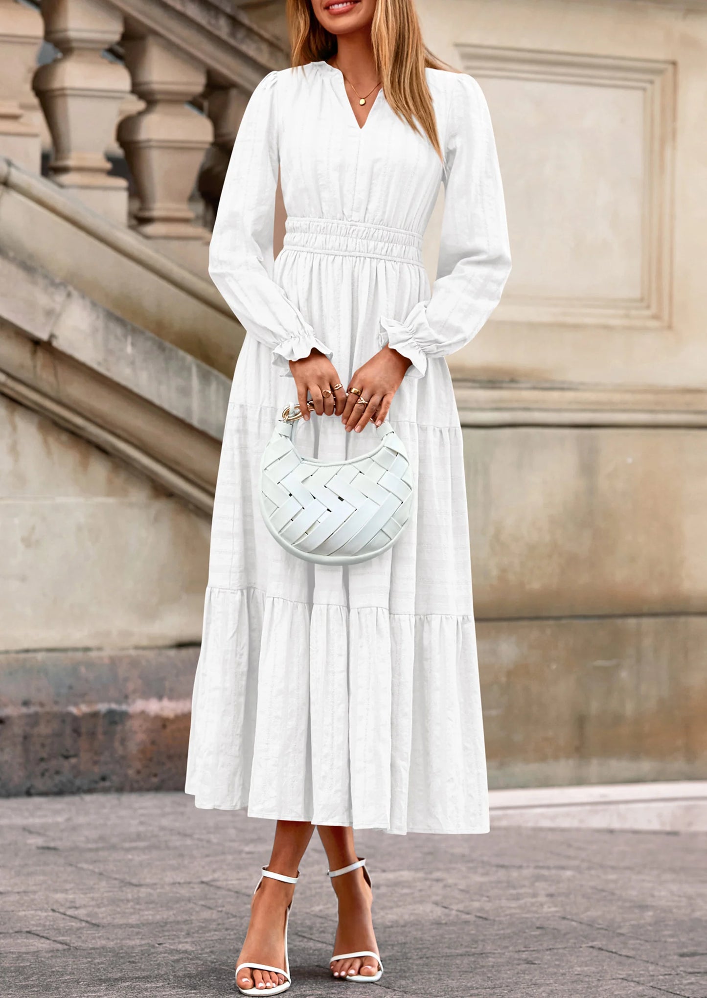 Women's Fall Wedding Guest Dresses Long Sleeve V Neck Flowy Elegant Holiday Party Maxi Dress with Pockets