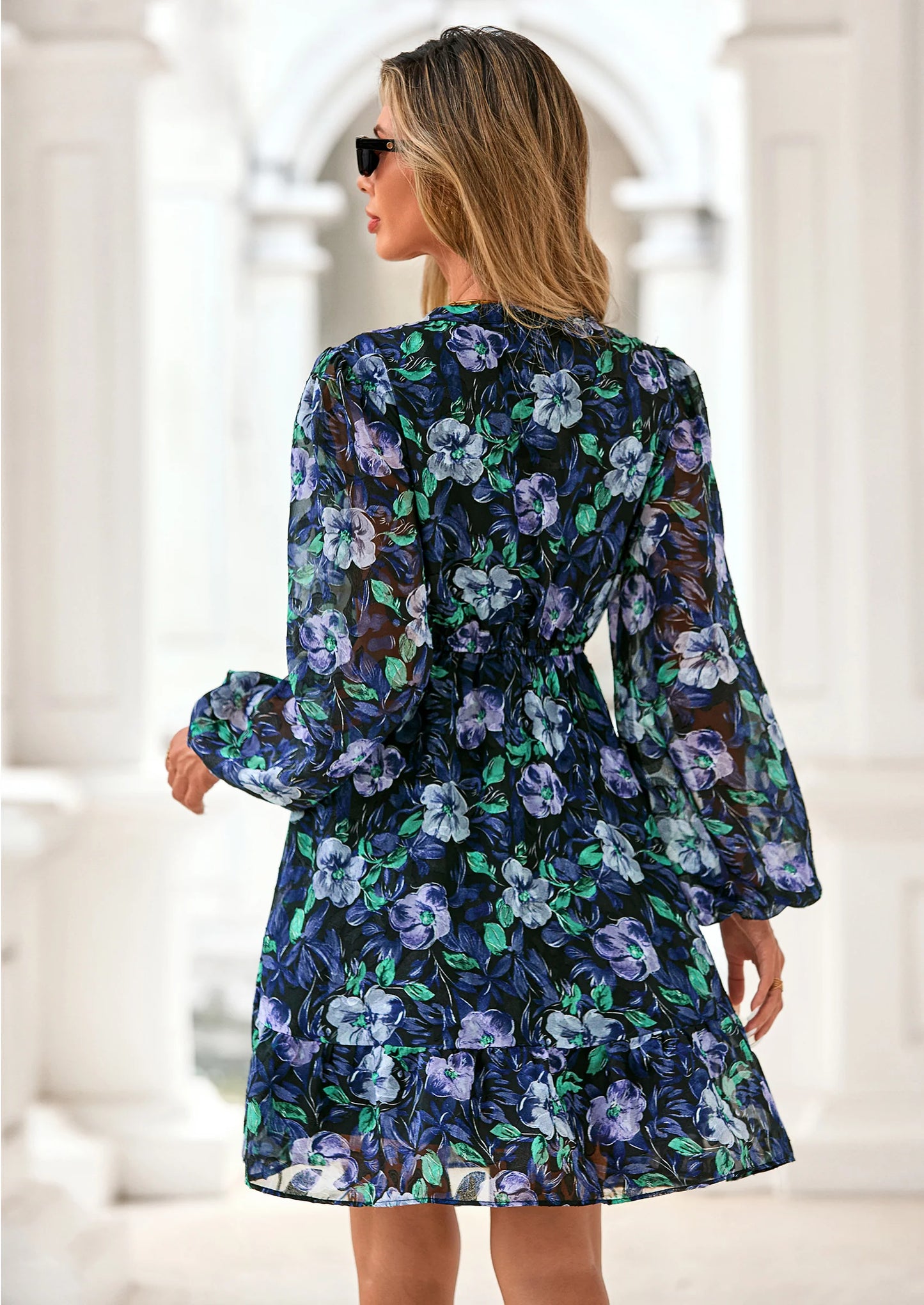 Women's Fall Boho Dresses Floral Long Sleeve V Neck Mini Flowy Wedding Guest Dress Trendy Vacation Outfits