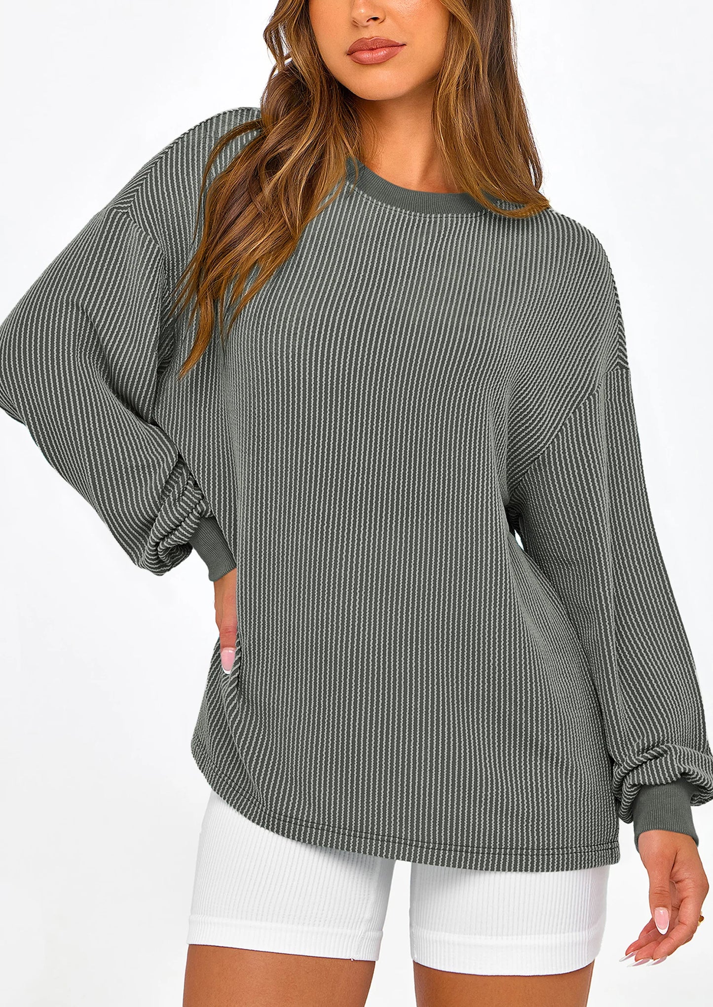 Women's Long Sleeve Tee Shirts Spring Fall Trendy Clothes Casual Loose Crewneck Ribbed Blouse Tunic Tops