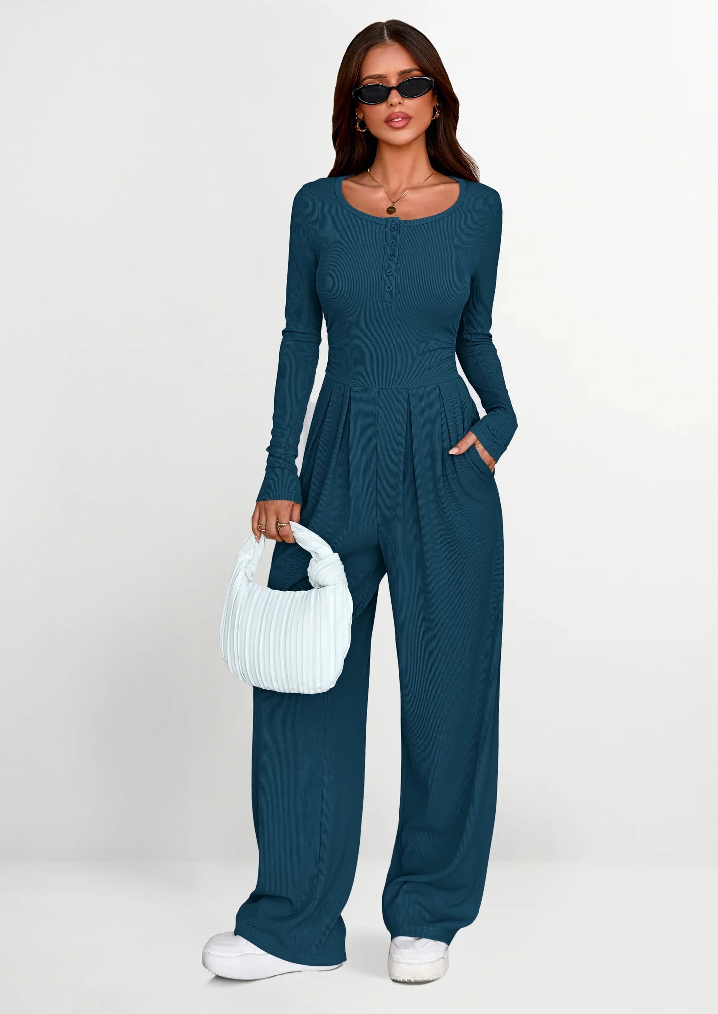 Jumpsuits for Women Dressy Casual Fall One Piece Outfits Long Sleeve Crew Neck Wide Leg Pants Rompers
