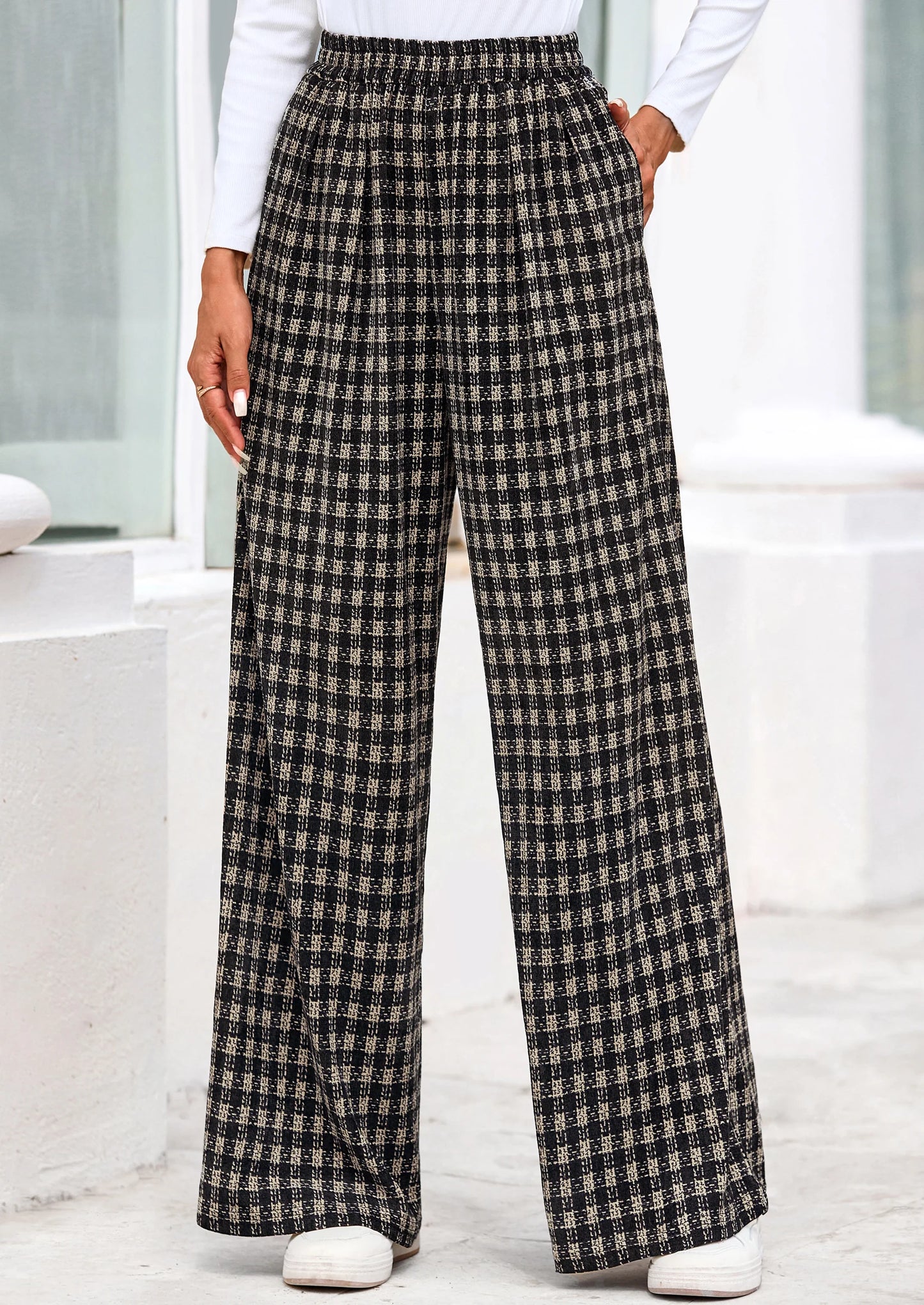 Casual Women's Pants Elastic Waist Palazzo Long Stretchy Wide Leg Trousers Knit Fall Outfits with Pockets