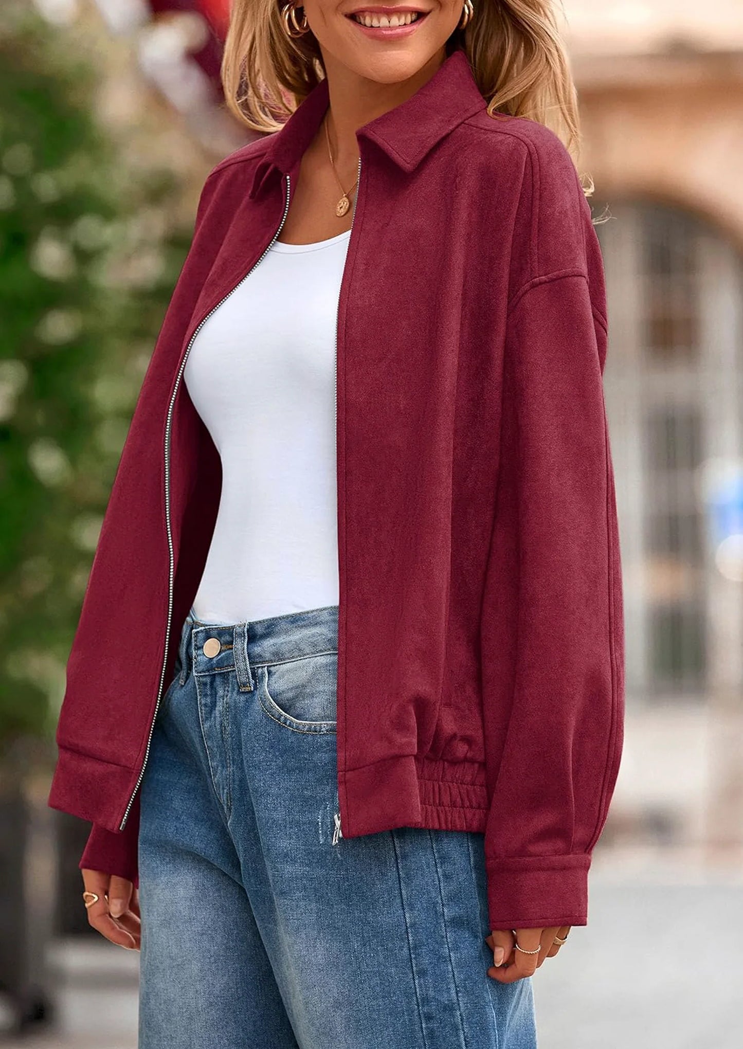 Women's Faux Suede Motorcycle Jacket Trendy Fall Fashion Oversized Zip Up Coats Winter Clothes Outerwear