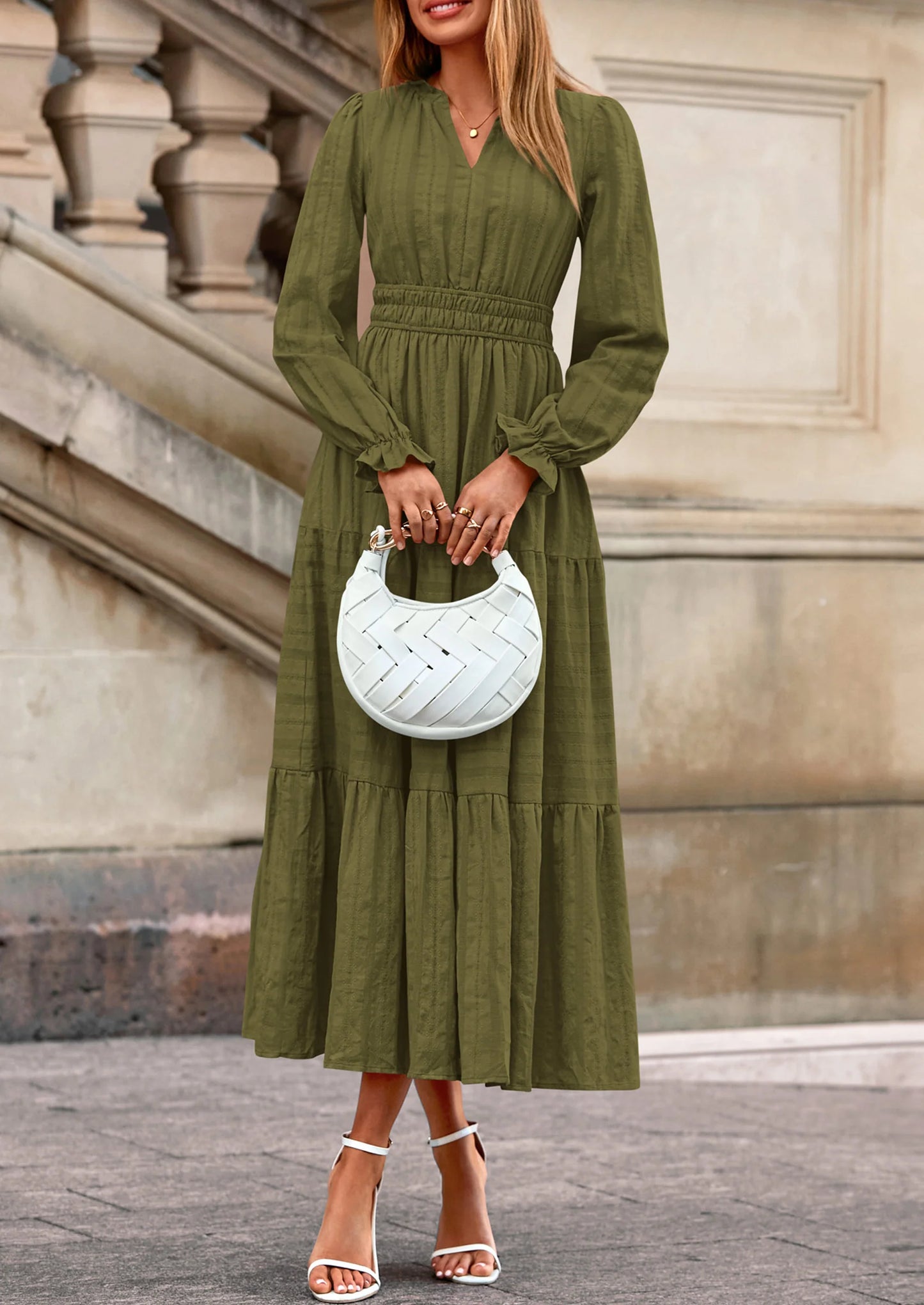 Women's Fall Wedding Guest Dresses Long Sleeve V Neck Flowy Elegant Holiday Party Maxi Dress with Pockets