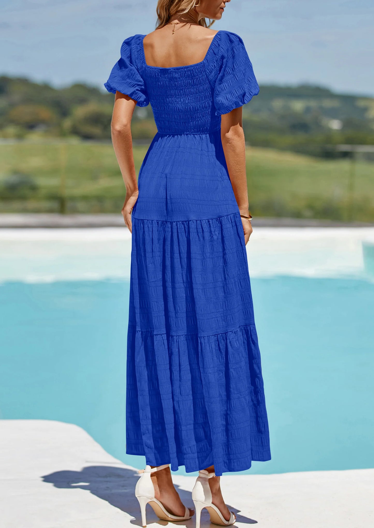 Womens Summer Puff Short Sleeve Maxi Dress Square Neck Smocked Tiered Ruffle A Line Long Flowy Beach Dresses