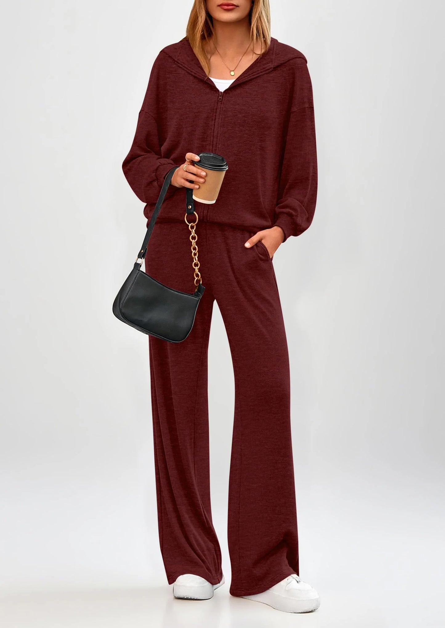 Women's 2 Piece Fall Lounge Sets Zip Up Hoodie Wide Leg Pants Tracksuit Matching Travel Outfits Clothes